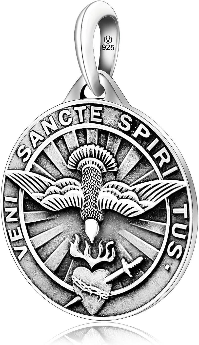 VENICEBEE® Best Holy Spirit Dove Veni Sancte Spiritus Christian Sacramental Sacred Heart Jesus Love, Solid 925 Sterling Silver Pendant Necklace + Velvet Pouch, Polishing Cloth, Fine Gift Box