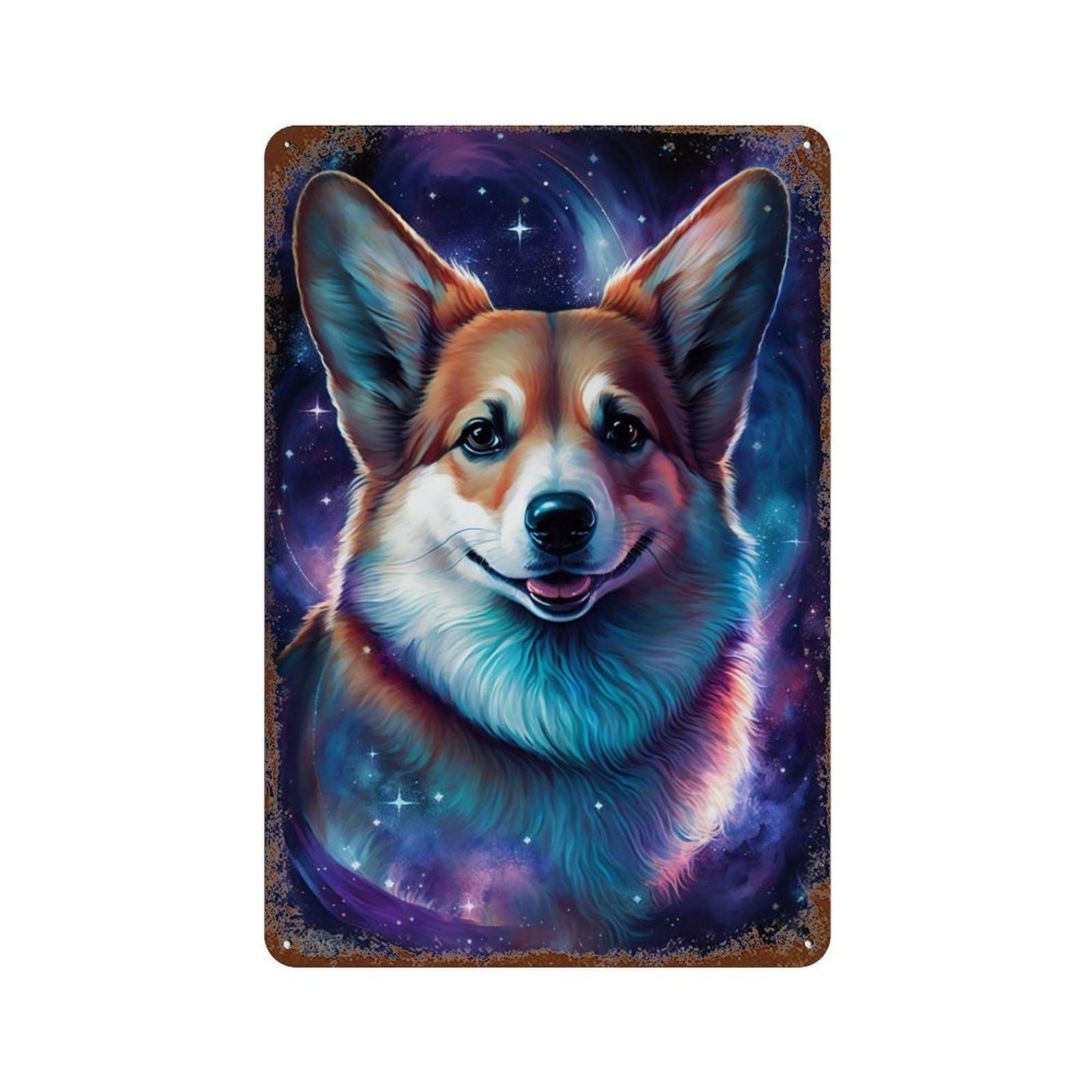 Rust Effect Cosmic Corgi Canvas Print-2 Rustic Tin Plaque 11.8"x7.9", Industrial Home Decor for Bistro, Counter And Cafe Decor