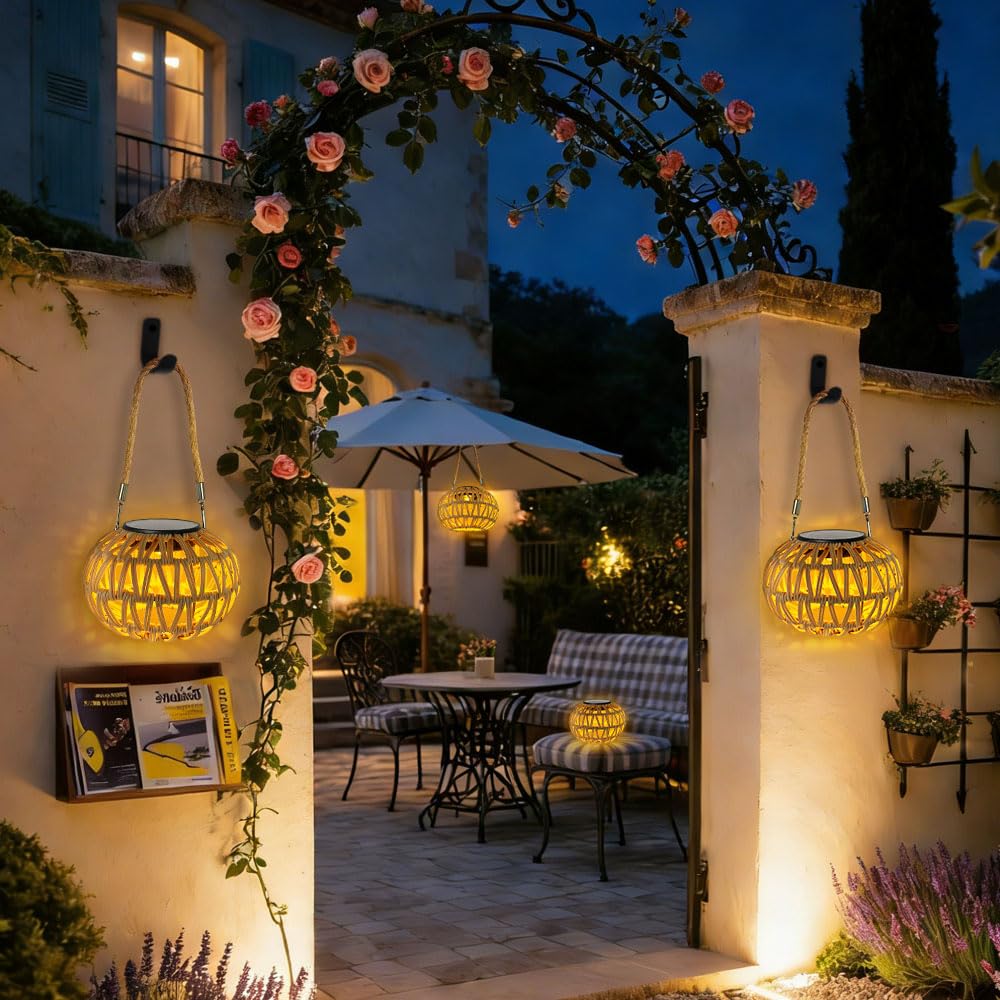 Lanterne Solaire Exterieur Rotin IP65 Imperméable Lampion Suspension Jardin Decoration Balcon Terrasse
