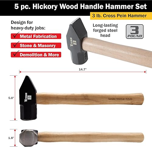 Miniatura 5 de Titan 85070 - Juego de martillo de 5 piezas, incluye clavija de bola de 16 onzas y 32 onzas, mazo de goma de 16 onzas, martillo de 3 libras y pein