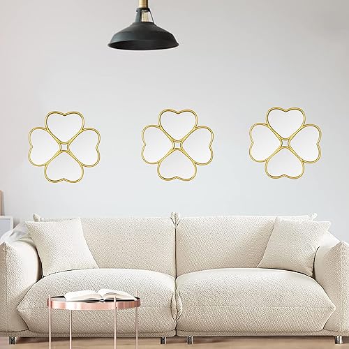 Miniatura 5 de Juego de 3 espejos decorativos de pared pequeños con forma de corazón, espejo decorativo de trébol de cuatro hojas (dorado)