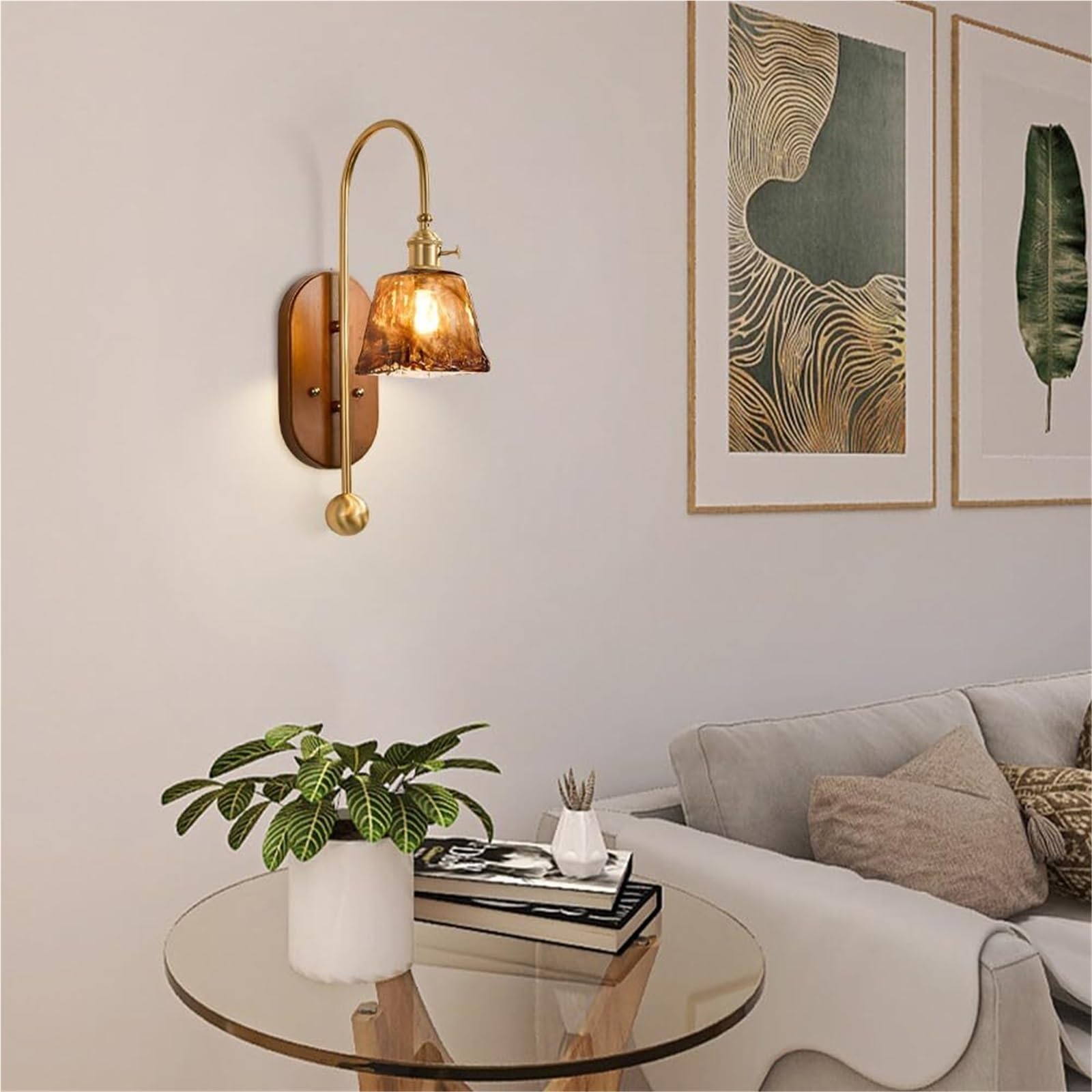Przemysłowe kinkiety ścienne, bursztynowe dmuchane szkło kinkiet, 17,7 cala drewniana i mosiężna lampa ścienna retro do sypialni, salonu, korytarza