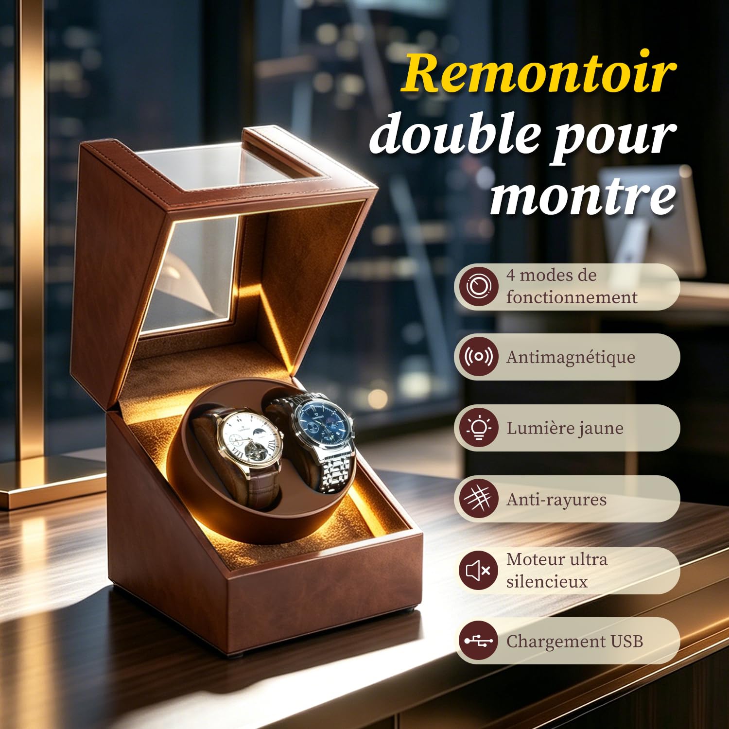 Double Remontoir de Montre avec lumière LED, Boîtes de Remontoir de Montre pour 2 Montres avec 5 Modes de Rotation Automatique et Chargement Type C USB – Marron