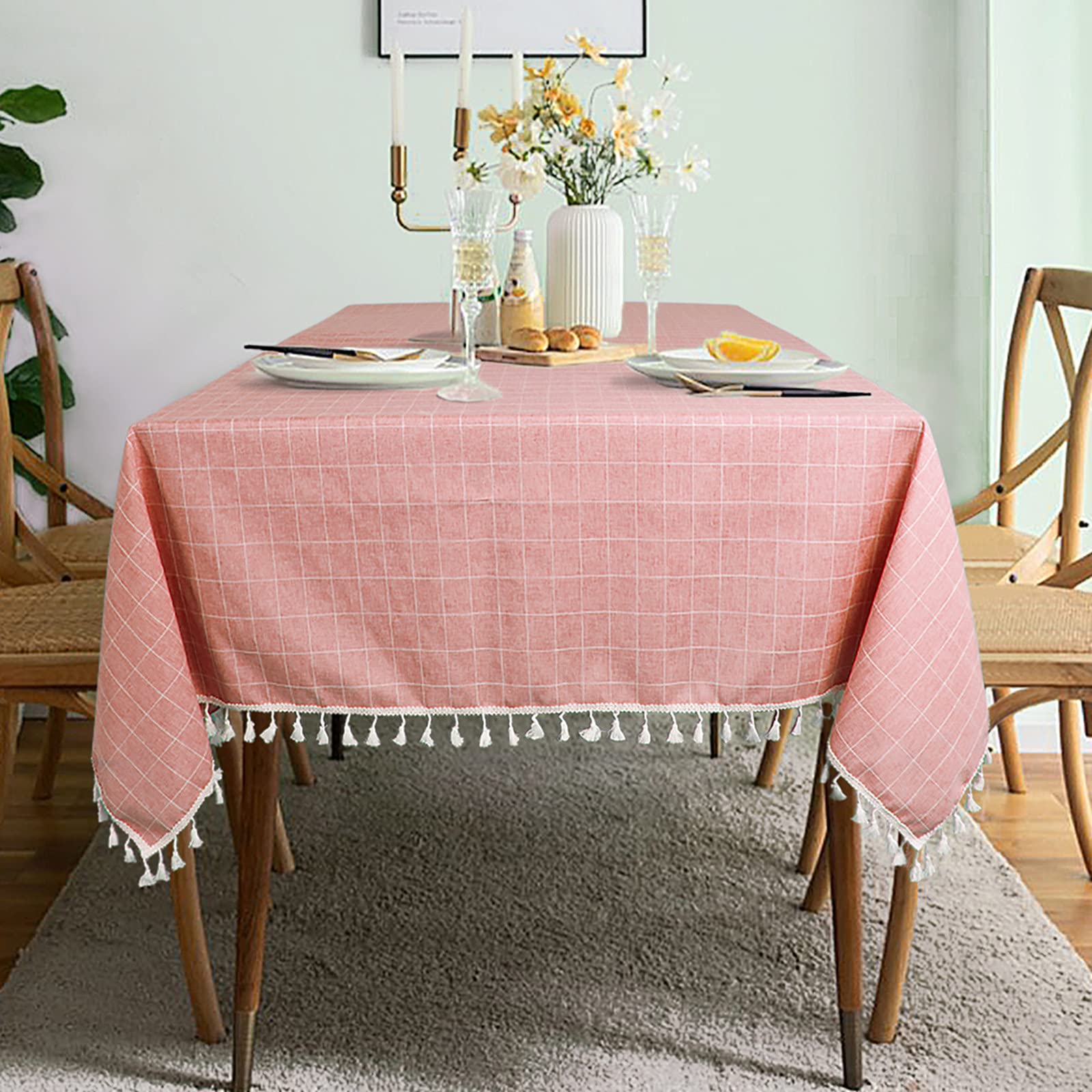 ShinyBeauty Square Tablecloth Cotton Linen Tablecloth Wrinkle-Free Fabric Table Cloth Dust-Proof Table Cover Checkered Design Tablecloth 55"x55" Blush Embroidery Tassel Tablecloth for Home Kitchen
