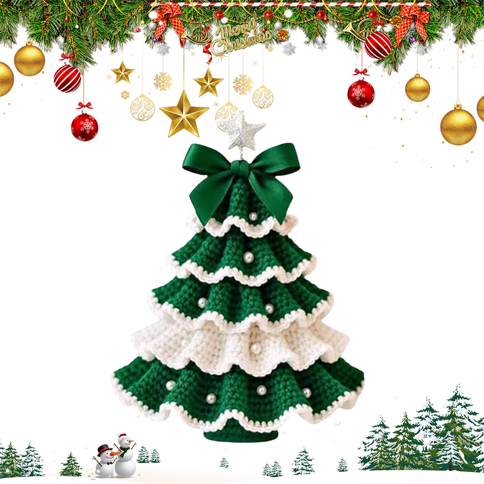 Peamoo White Green Diy Crochet Christmas Tree Kit,Handcraft Holiday Decoration Set,Beginner Crochet Diy Christmas Tree Kit, Trees Bow Pearl Embellishment,Holiday Ornament Decor,Xmas Party Decorations (White Green)
