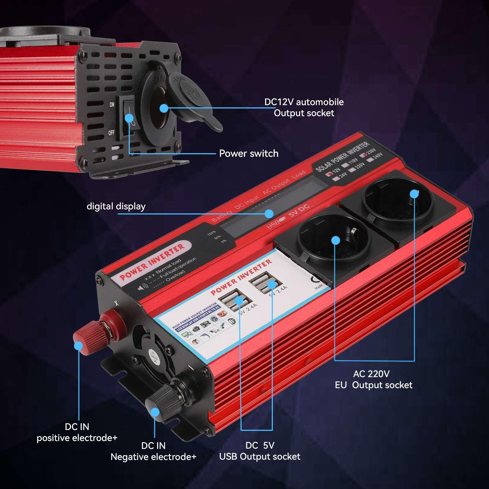 Convertisseur Onduleur 800W,Transformateur DC 12V vers AC 220V 230V,avec 4 USB Prise UE Charge,avec Affichage LED,pour Téléphone RV Voiture,Onduleur Convertisseur (12V 800W)