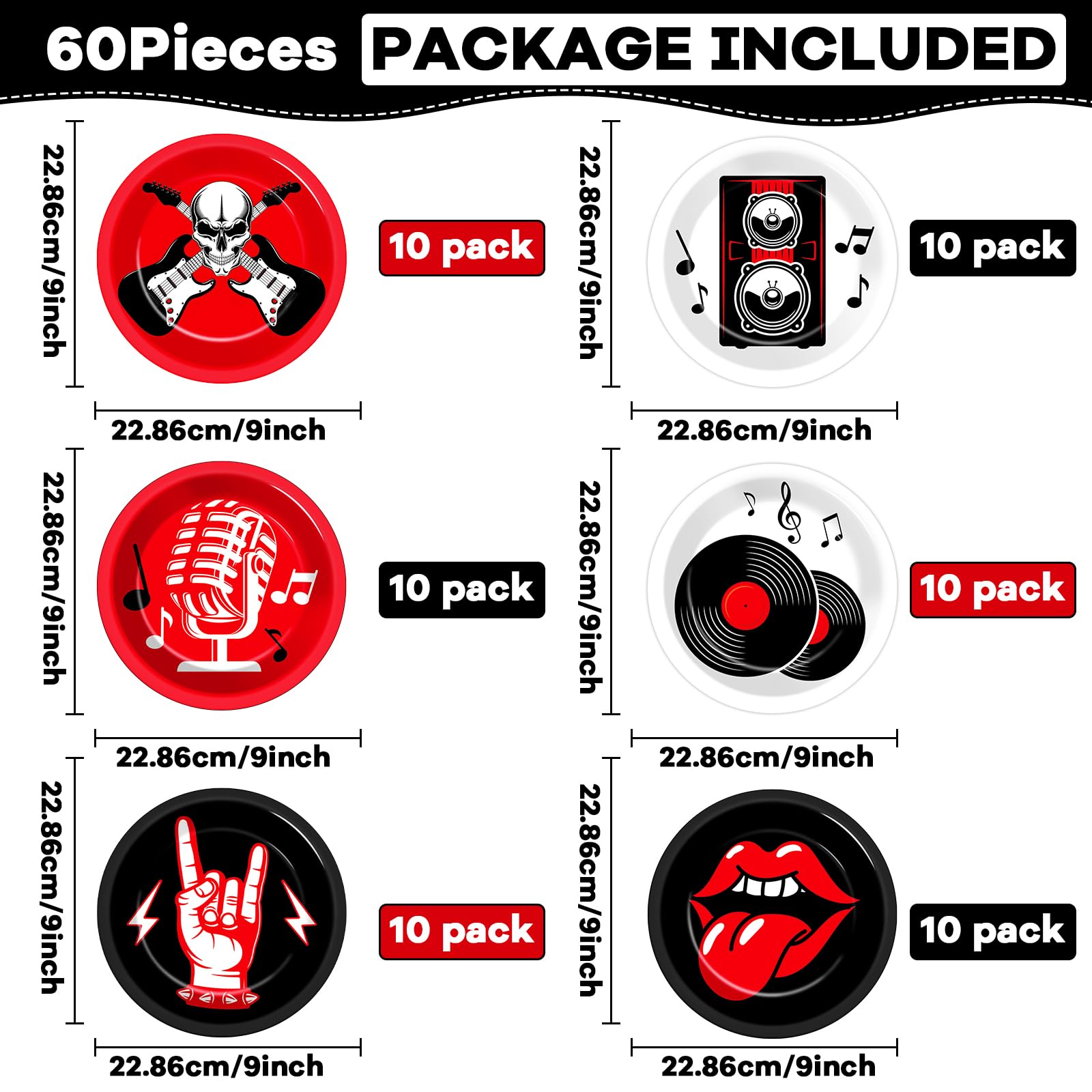 60Pcs Rock Theme Party Paper Plates for Music Birthday 9in 1950's Record Party Disposable Dessert Cake Tableware Dinnerware Set for Kids Baby Shower Decoration Anniversary 50s 60s Theme Party Supplies