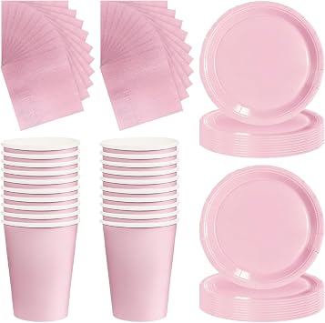 Pink Paper Plates, 60pcs Party Tableware Set | Solid Color, Includes Paper Cups and Napkins, For Wedding Picnic BBQ
