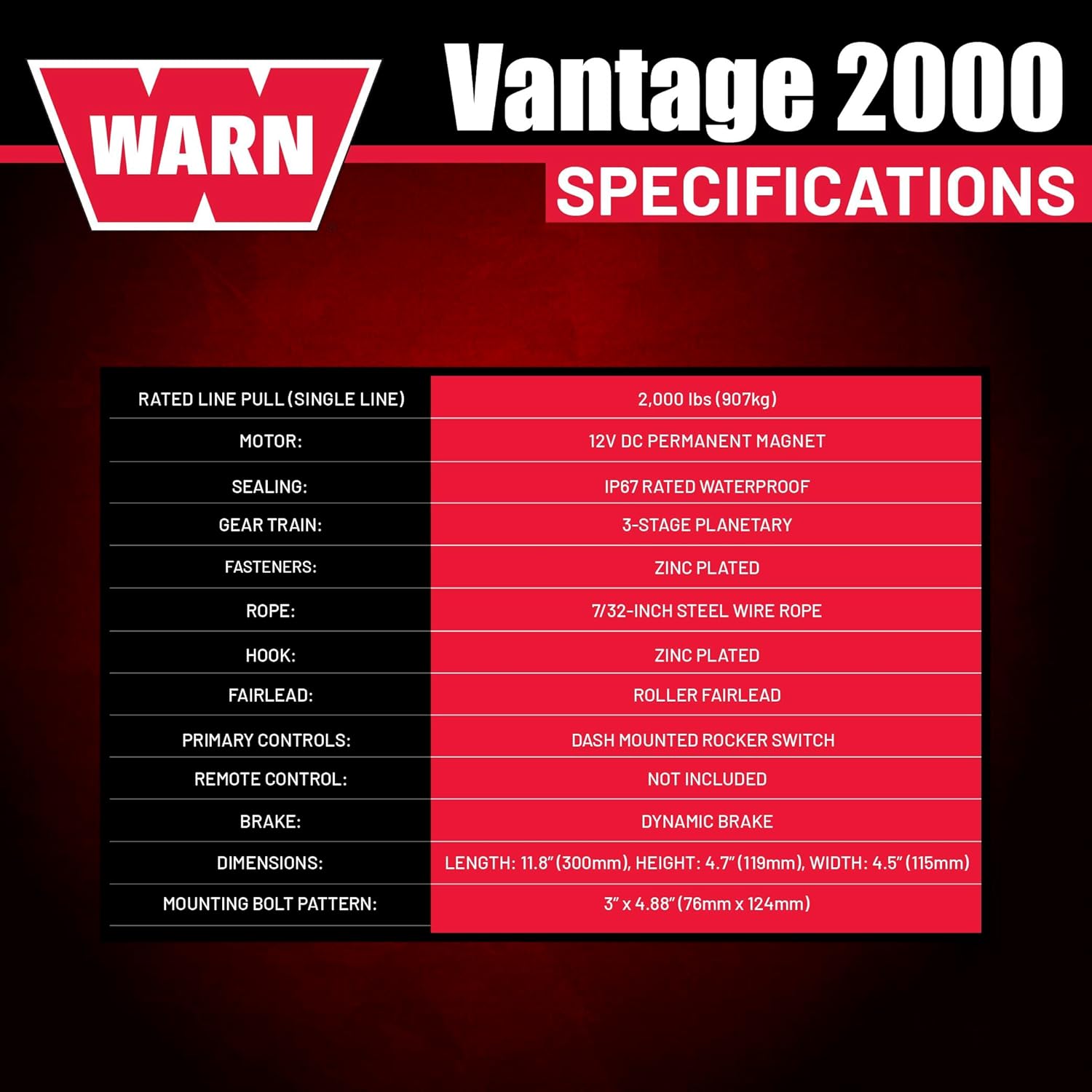 WARN Vantage 2000 12V DC Electric Winch for ATV UTV Side-by-Side - 2000 lb Pulling Capacity, 55 Ft Steel Wire Rope, Fully Sealed Motor, Planetary Gear System, Roller Fairlead (Model 108212)