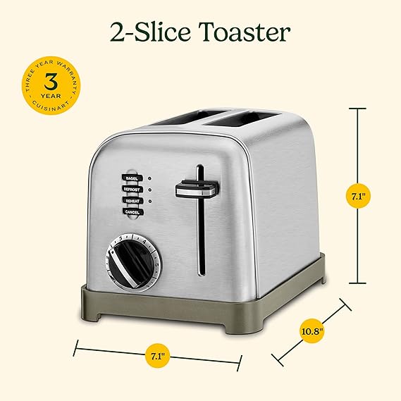 Cuisinart CPT-160P1 Metal Classic 2-Slice Toaster, Brushed Stainless Steel, 6 Shade Settings, 1.5 Wide Slots for Bagels & Bread, Defrost/Reheat Functions, Extra-Lift Lever, Slide-Out Crumb Tray