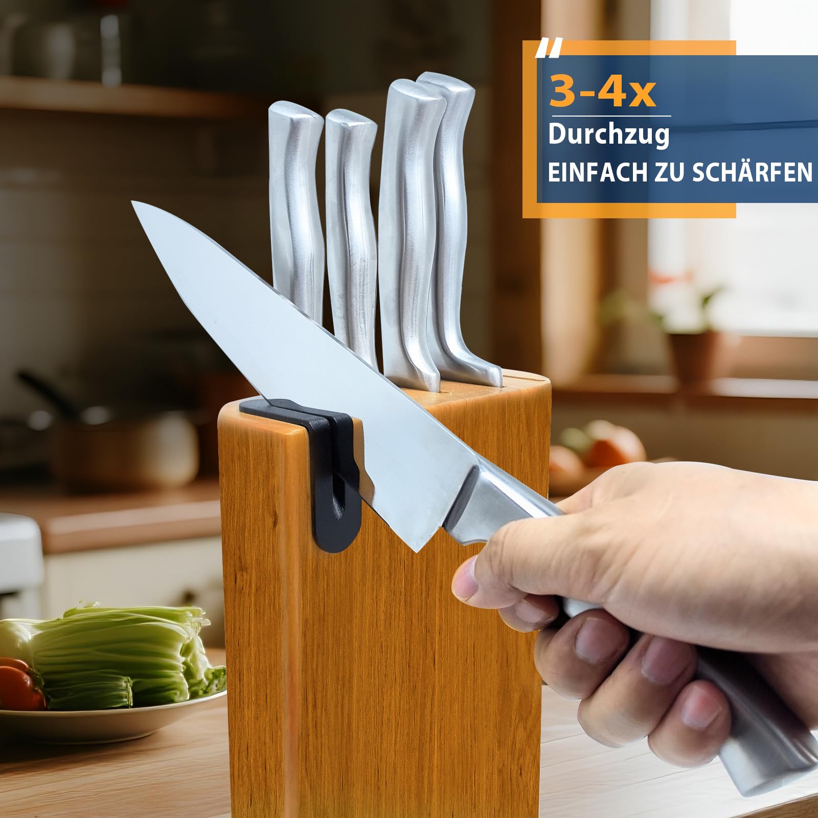 Blok na noże z nożami, 6-częściowy zestaw noży kuchennych, blok na noże z ostrzałką, zestaw noży kuchennych z nożem Santoku, nóż szefa kuchni, nóż do chleba, nóż do owoców, nóż uniwersalny