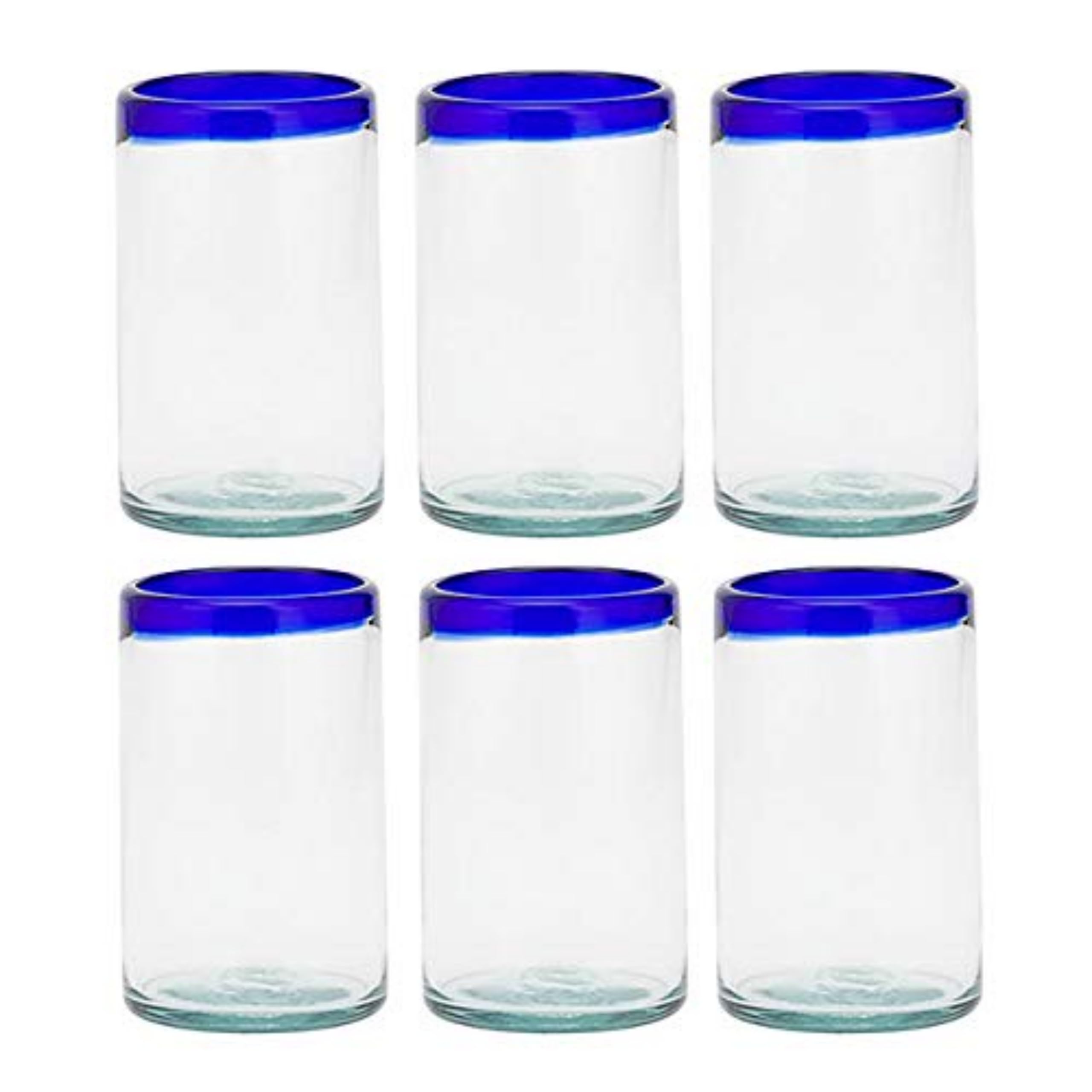 Amici Home Blue Rim Hiball Glass | Set of 6 | Authentic Mexican Handmade Glassware | Bar Glasses for Mojito, Bourbon, Whiskey, and Cocktails | 16 Ounce