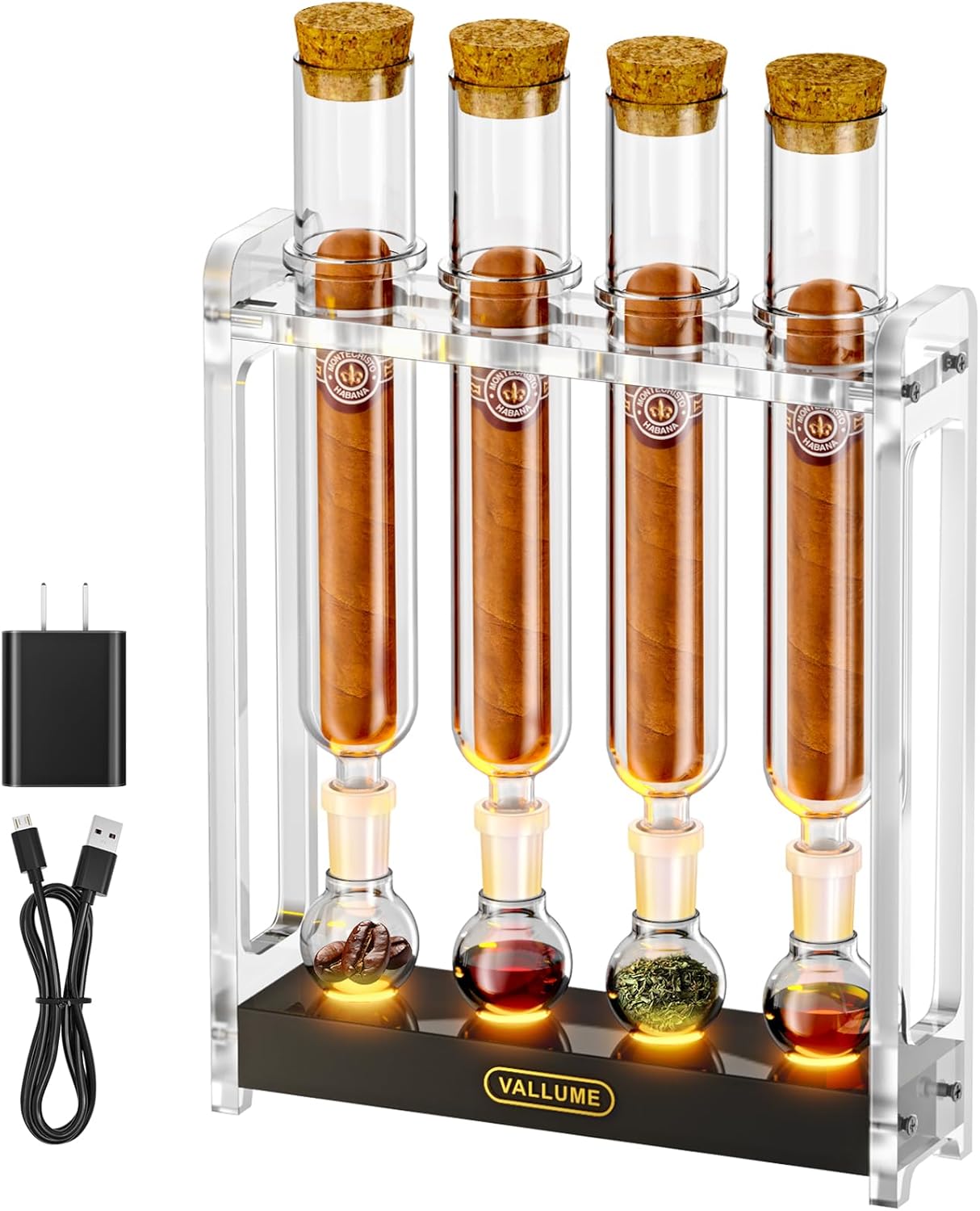 VALLUME Cigar Flavoring Humidor Box Set with LED Light Base, 4 Glass Cigar Tubes & Glass Balls, Clear Acrylic Display Stand for Flavor Aging and Display – Cigar Accessories Gift for Men