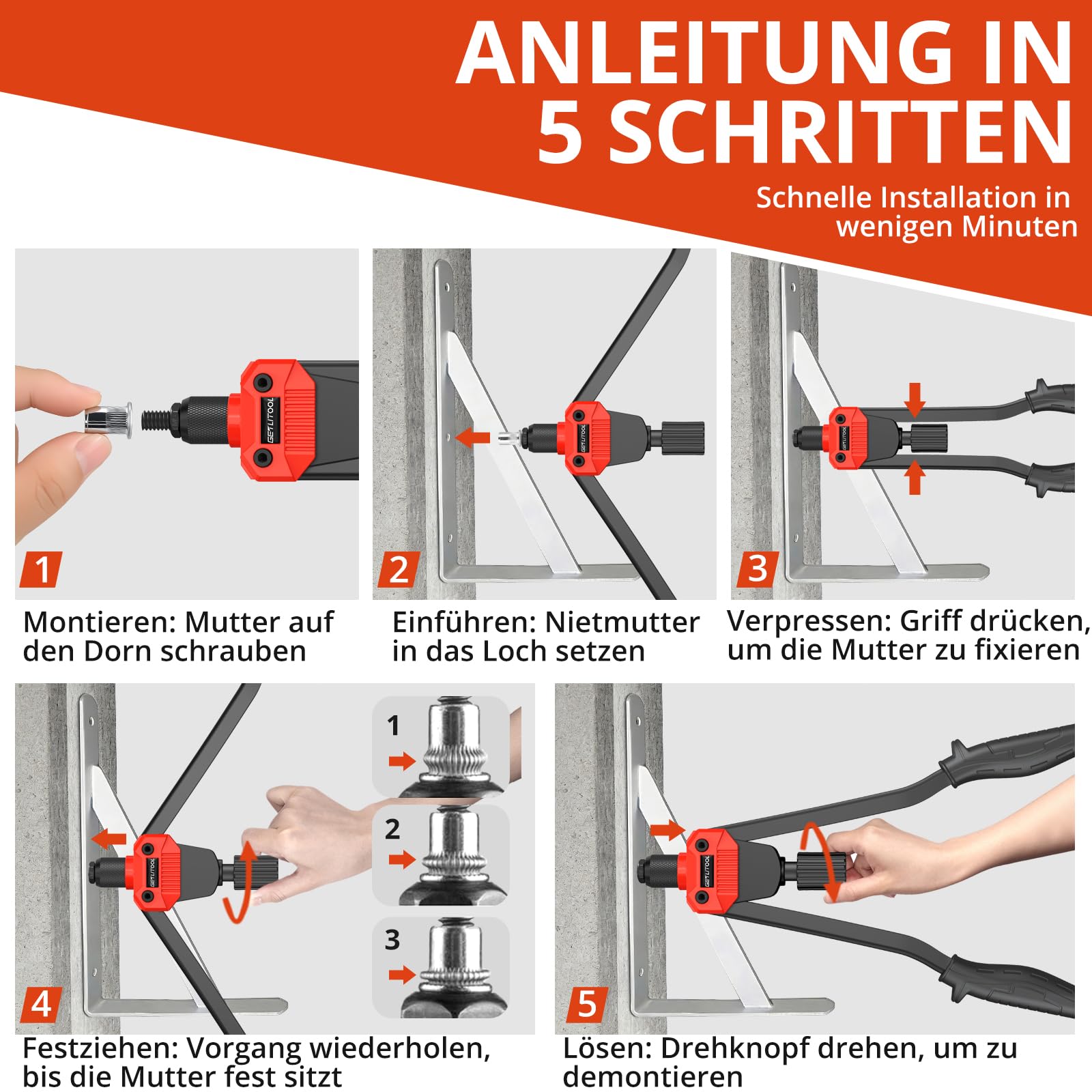 GETLITOOL Nietmutternzange Set, 40cm Nietzange inkl. 120 Nietmuttern, M3-M12 Dorne, Gewindenieten Zange Set für Kfz-Reparatur Metall Holz Möbel, Rutschfest Griff Einnietmutternzange mit Tragekoffer