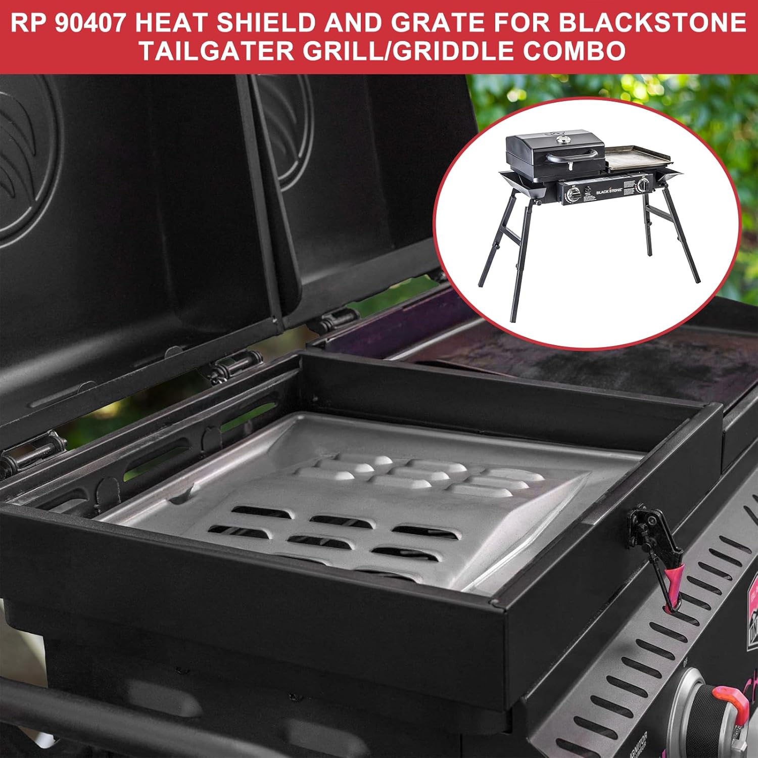 Flame Tamper and Grill Grates Parts for Blackstone Tailgater 1555, RP 90407 Heat Shield and Stainless Steel Cooking Grids for Blackstone 1555 1550 Tailgater Grill Box