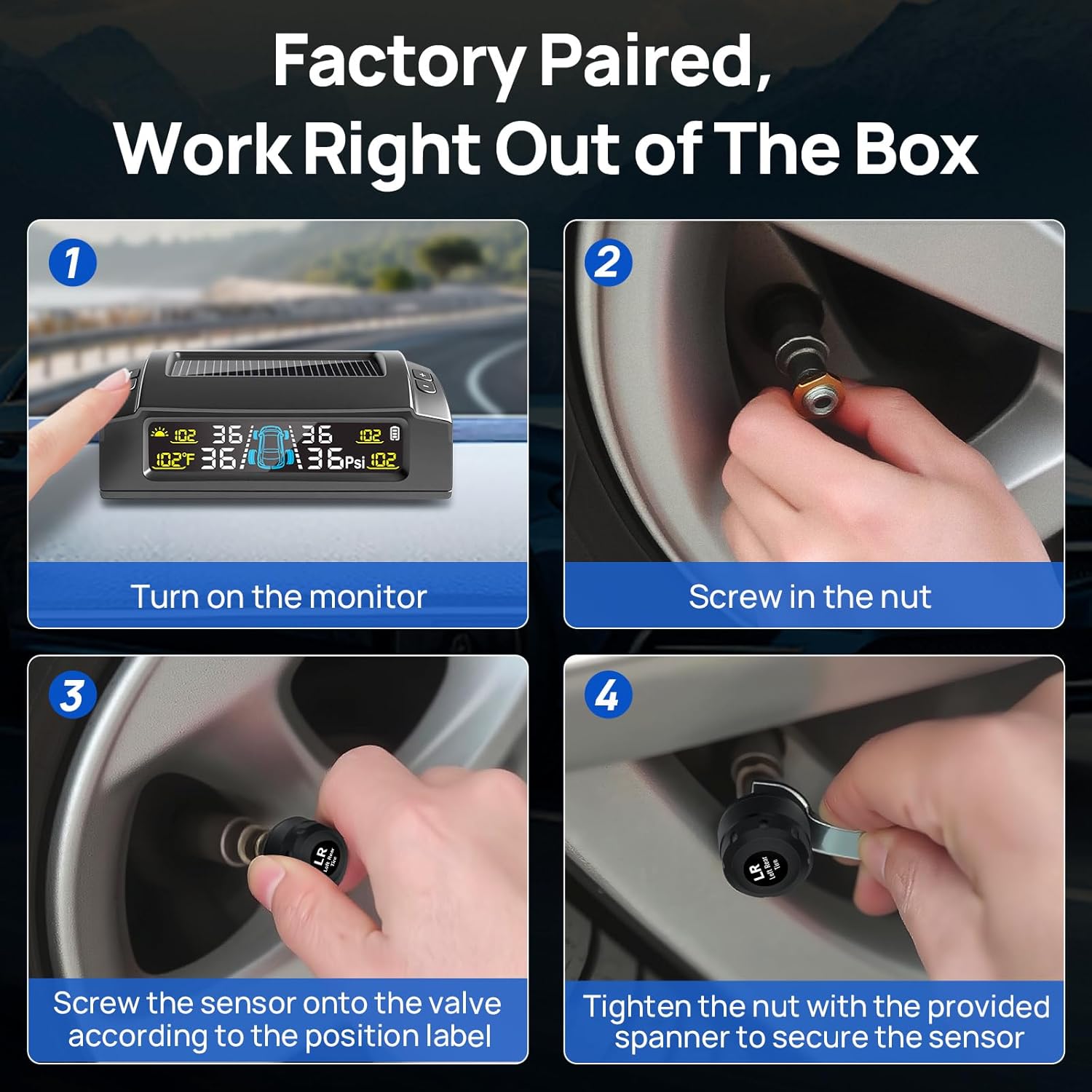 Four-step visual guide for installing Masoll TPMS sensors: 1. Turn on monitor. 2. Screw in nut. 3. Screw sensor onto valve. 4. Tighten nut with spanner.