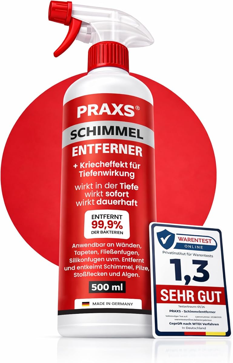 PRAXS® Schimmelentferner mit Kriecheffekt - Extra starkes Anti-Schimmelspray - 2,4% Aktiv-Chlor - Sofortwirkung gegen Schimmel - Für Wand, Bad, Fliesen, Silikonfugen