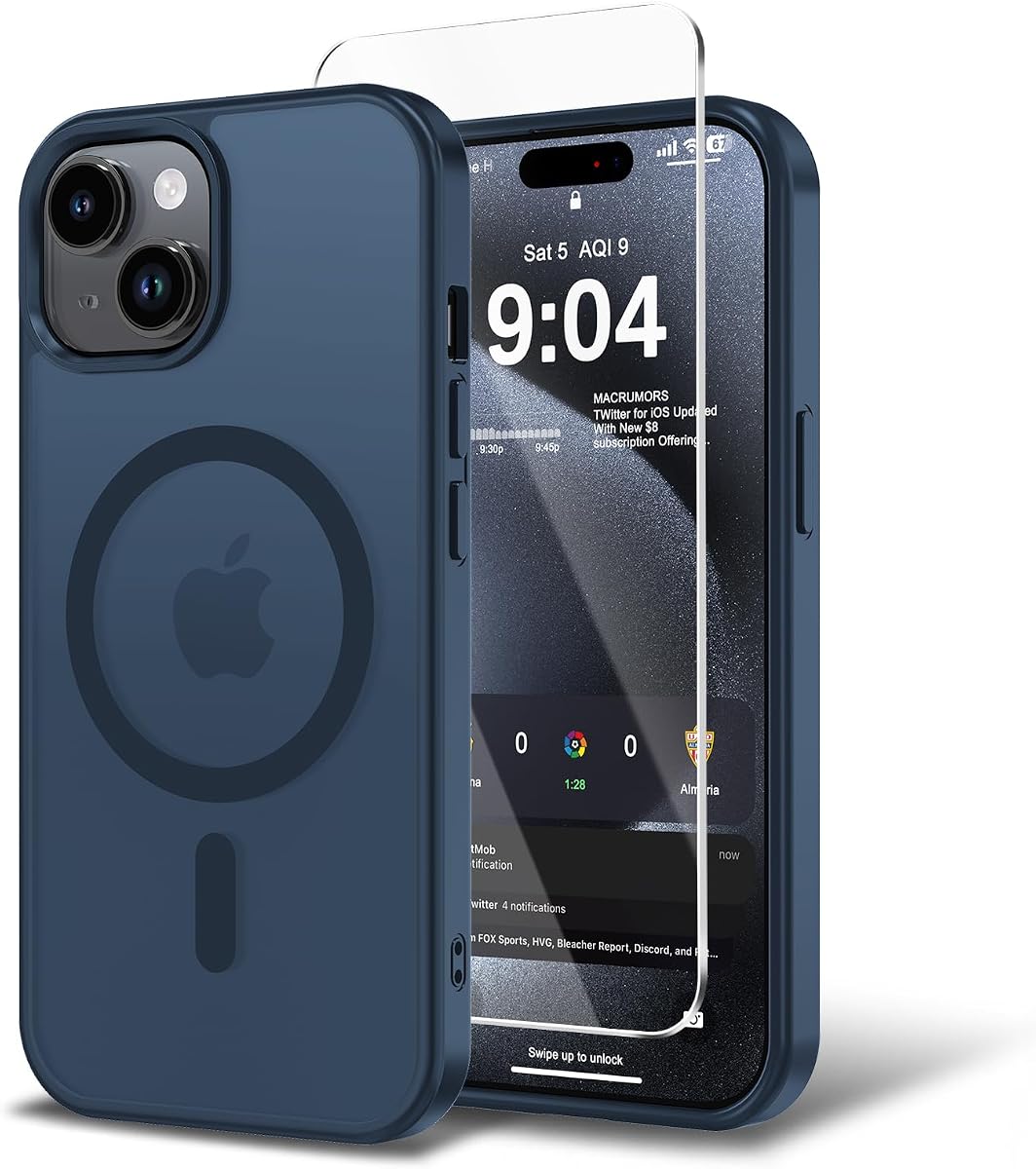 Magnetic for iPhone 15 Case,for iPhone 13 Case/iPhone 14 Case with Screen Protector,Compatible with Magsafe Ultra Slim Translucent Matte Shockproof Protection Phone Cover-Dark Blue
