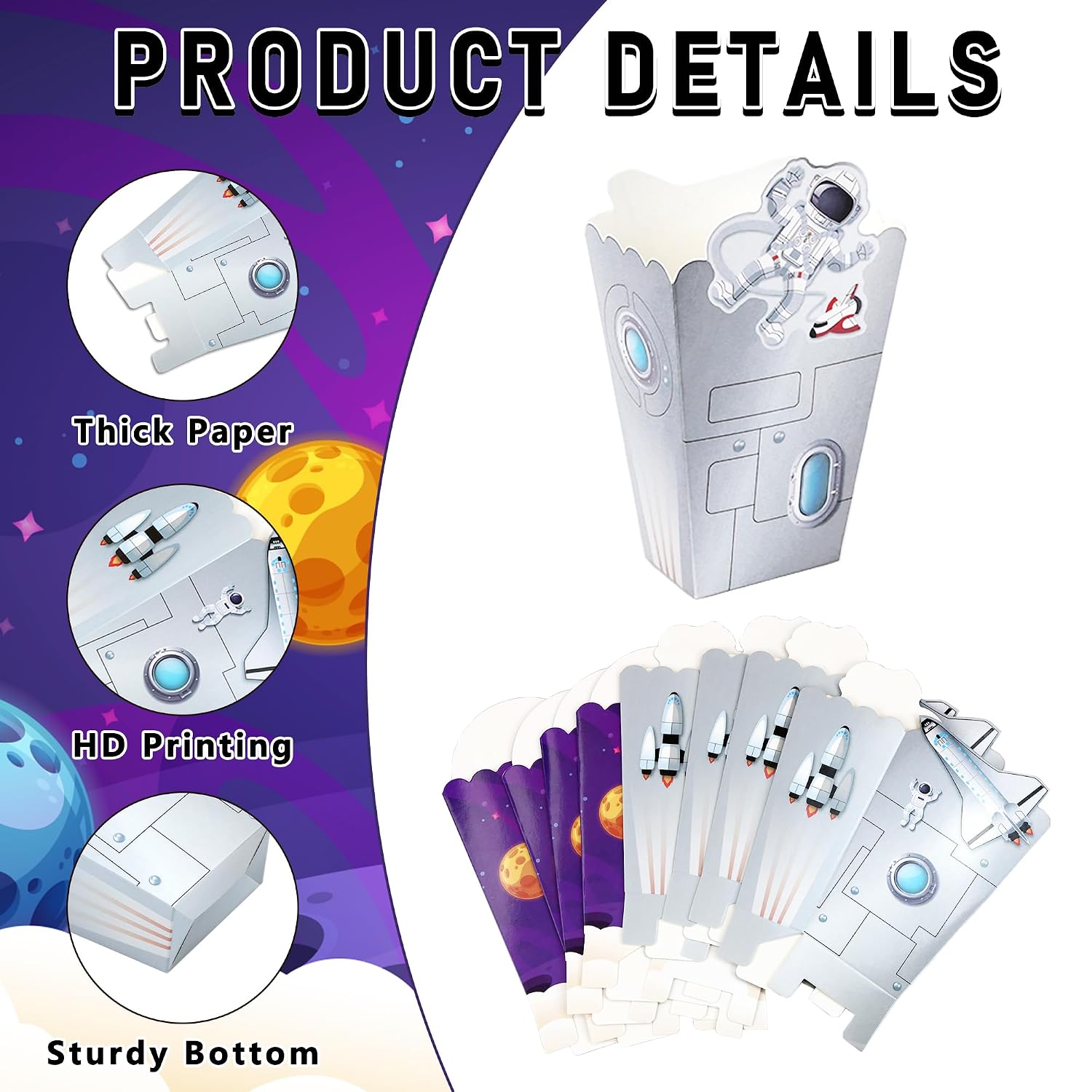 24Pcs Outer Space Themed Paper Popcorn Treat Boxes Candy Cookie Container for Astronaut Galaxy Birthday Party Supplies