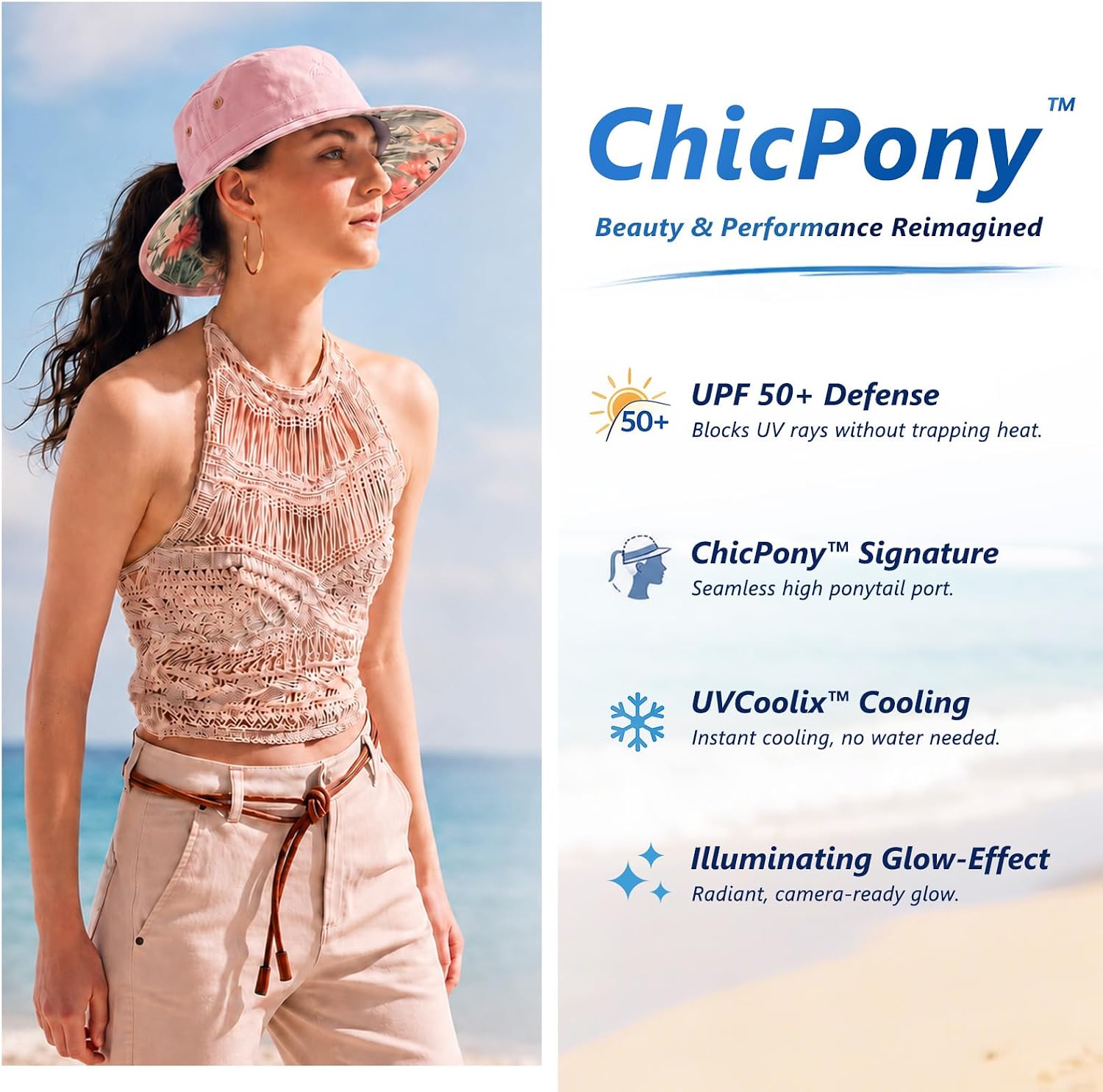 TOP-EX ChicPony™ Ponytail Bucket Sun Hat UVCoolix™ Cooling & UPF 50+, Glow-Effect Botanical Underbrim, Quick-Dry Tech Fabric