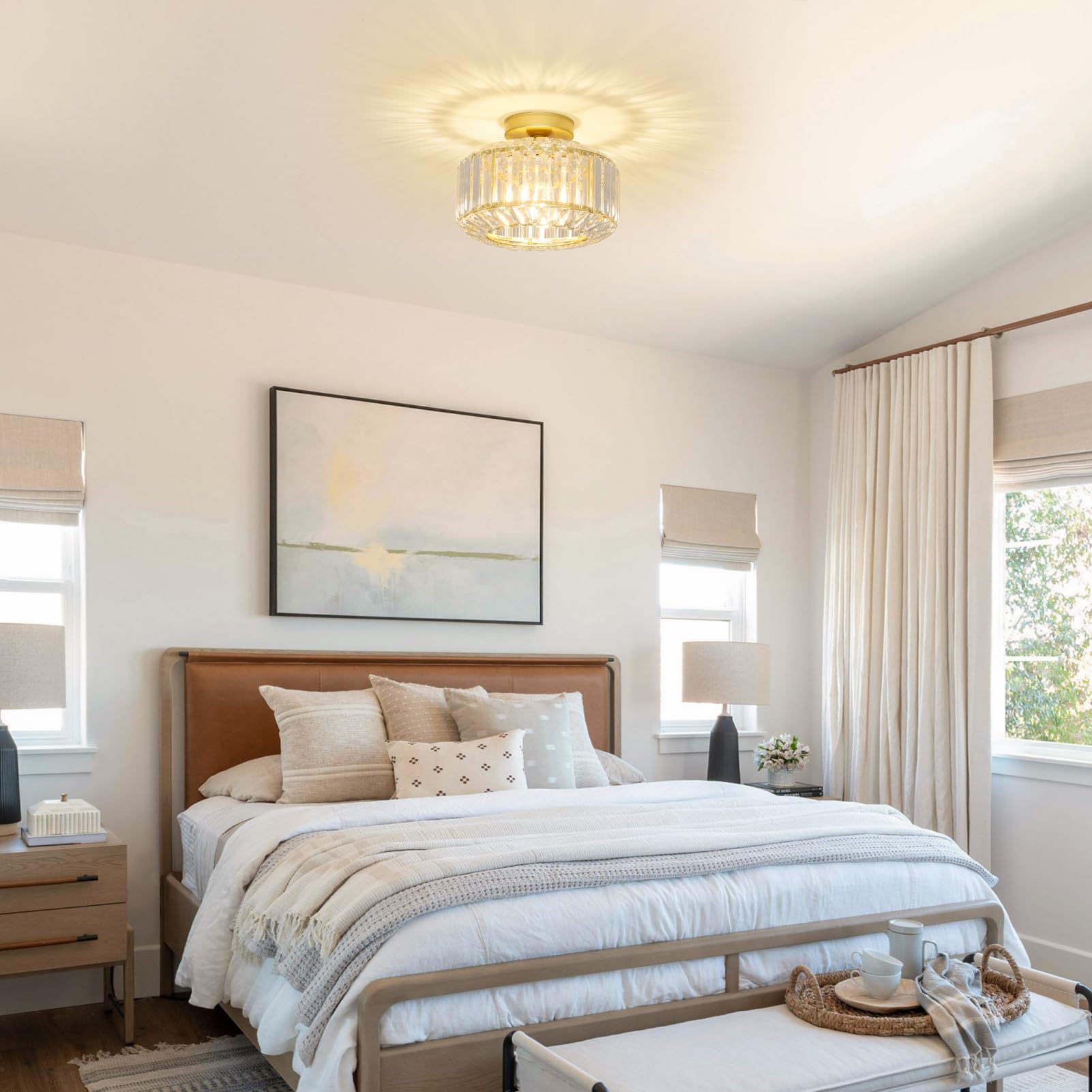 Gold Deckenlampe Wohnzimmer, Kristall Deckenleuchte Wohnzimmer, Deckenlampe Schlafzimmer mit Glas Lampenschirm, Gold Kronleuchter, Modern Kristall Kronleuchter für Esszimmer Flur Küche