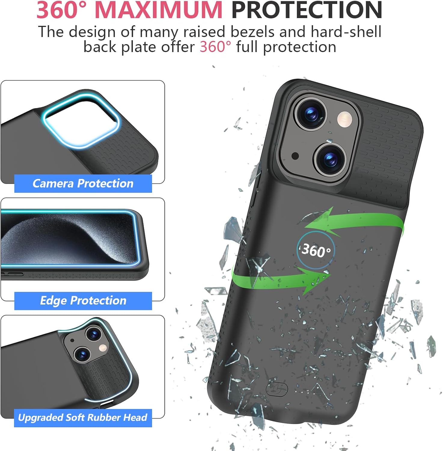 BOPPS Battery Case for iPhone 15/15 Pro【2026 New】 Ultra-Slim 7000mAh Portable Charger Case 360°Protection Rechargeable Extended Charging case for iPhone 15，iPhone 15 Pro (Black)