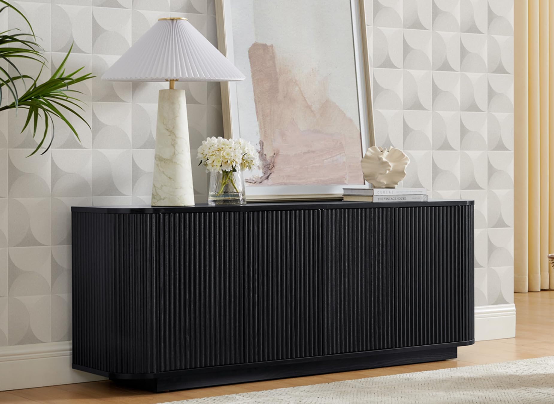 BFJDM 64" Fluted Sideboard Buffet Cabinet with Storage, Accent Sideboard Modern Credenza Media Console Table with Adjustable Shelves Pressed Spring