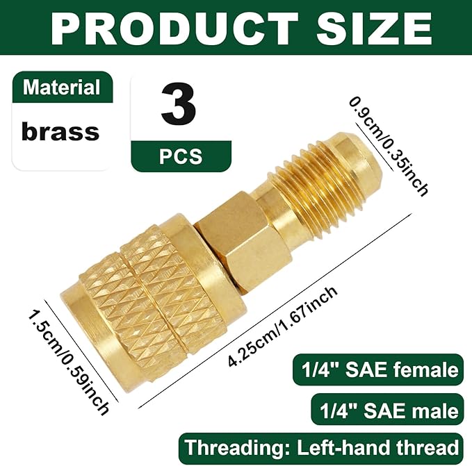 3 Piezas Adaptador de Latón R32 R454B, 1/4" SAE Hembra a Macho Roscado Inverso para Sistemas Mini Split HVAC miniatura 2