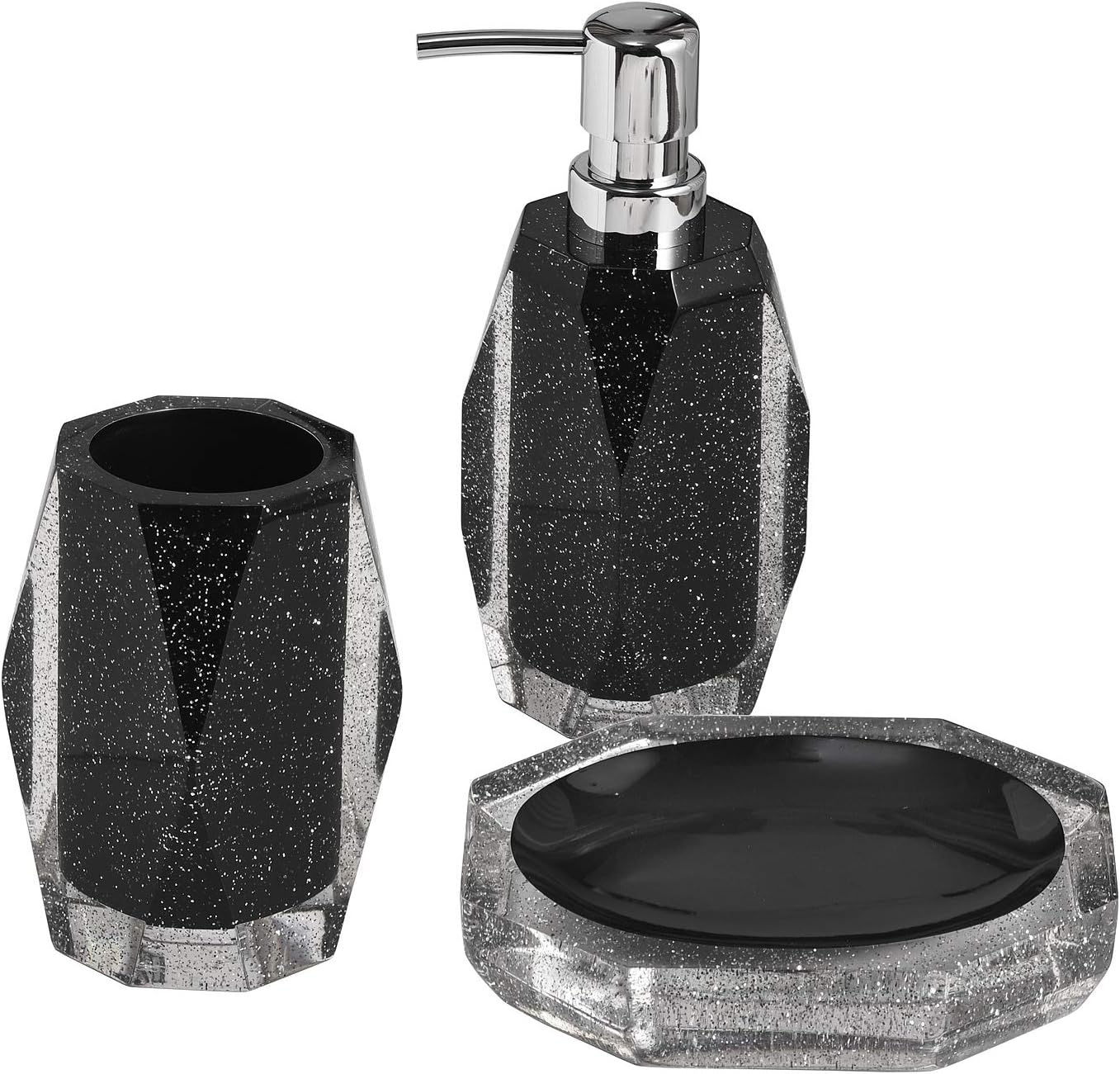 Diamanti Clear Resin Black with Silver Glitters Bathroom Accessory Set.Soap Dispenser,Tumbler,Soap Dish