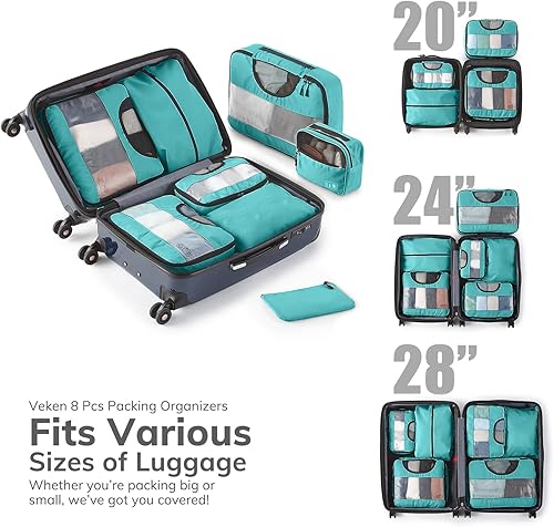 Miniatura 4 de Juego de 8 cubos de embalaje de varios colores para maletas en 4 tamaños (extra grande, grande, mediano, pequeño), juego de bolsas de equipaje Veken