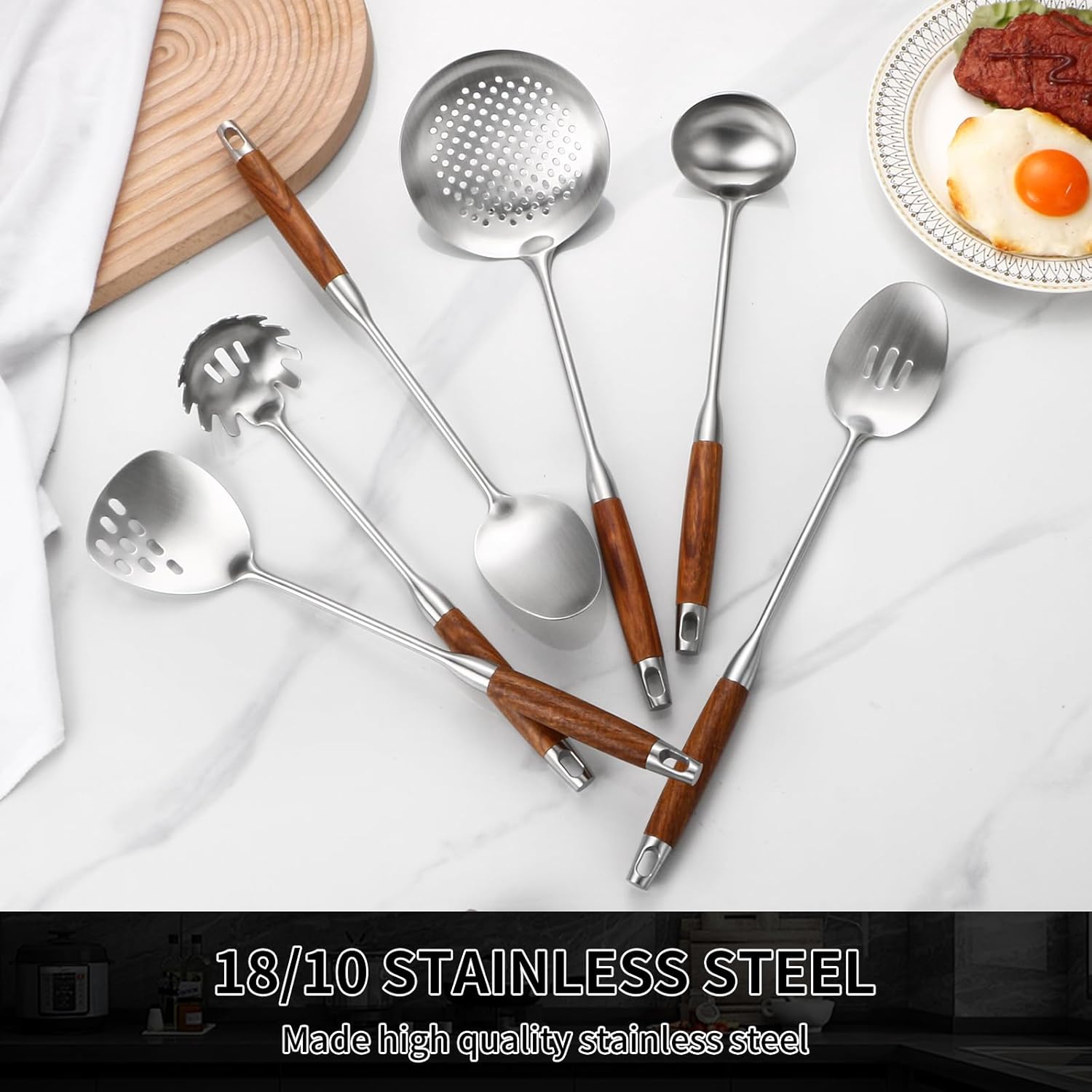 Izurok 18/10 Stainless Steel Kitchen Utensils Set,6 Piece Cooking Utensils With Wood Handle,Heat Resistant Kitchen Tool Set With Spatula, Spoon, Ladle, Skimmer, Slotted Spoon, Pasta