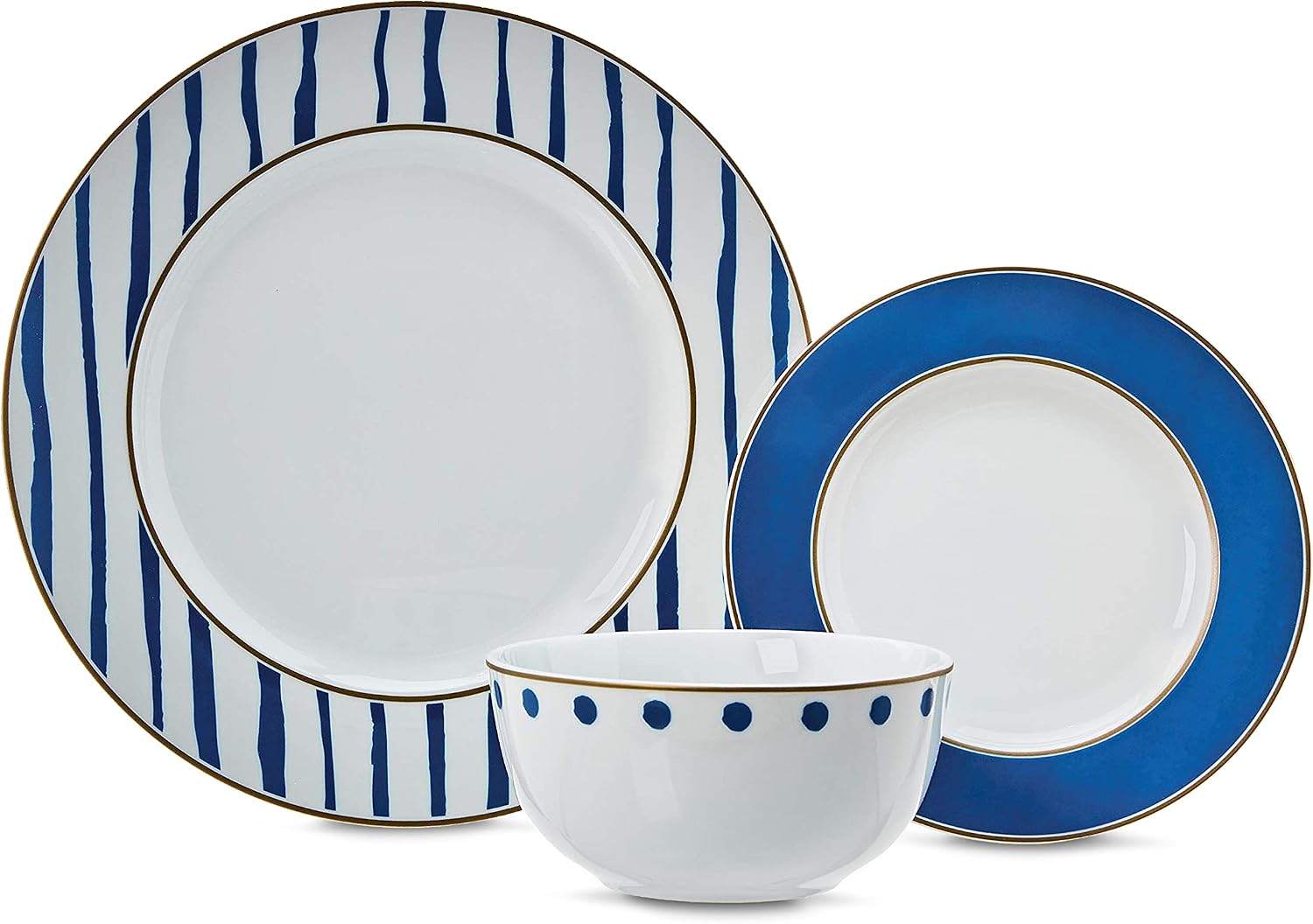 Amazon Basics 18-Piece Kitchen Dinnerware Set, Plates, Dishes, Bowls, Service for 6, Blue Accent