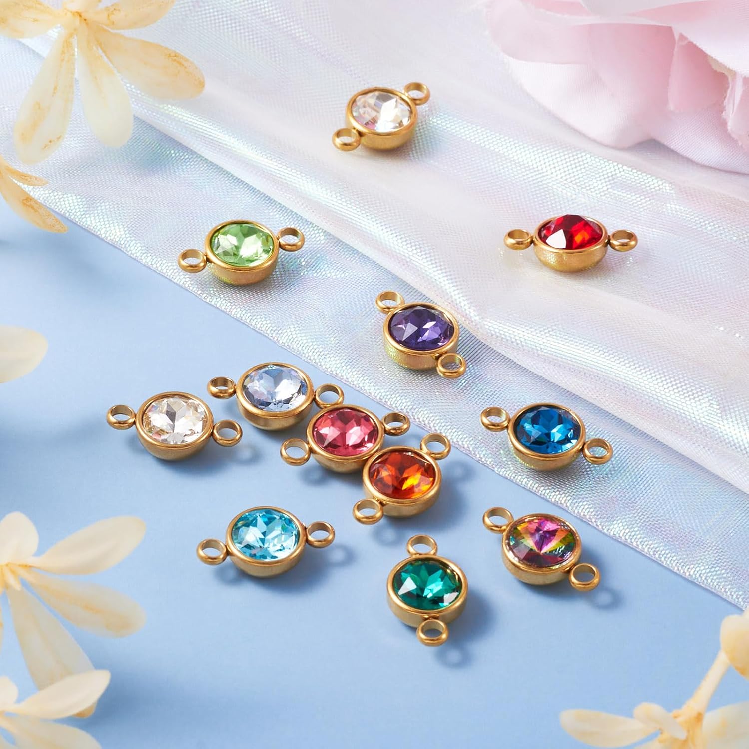 Pandahall 12Pcs Flat Round Birthstone Charms Glass Rhinestone Links Crystal Birthstone Charms Stainless Steel Connector Pendants 12 Colors for Earring Necklace Bracelet Keychain Making - Image 2
