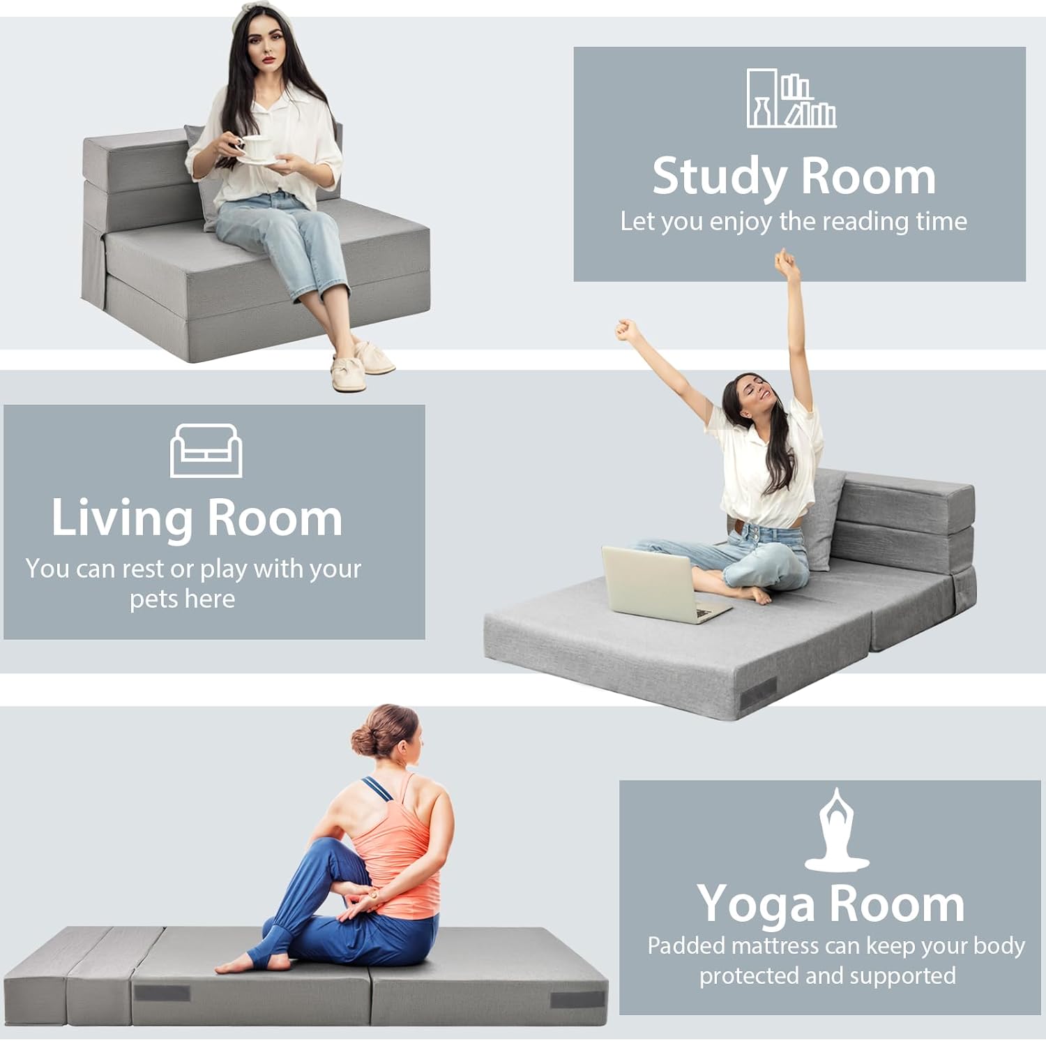 Giantex 6 Inch Folding Sofa Bed Couch with Pillow, Tri-fold Mattress with High-Density Foam, Foldable Floor Couch with Headrest, Portable Guest Bed with Zippered & Washable Cover, Grey