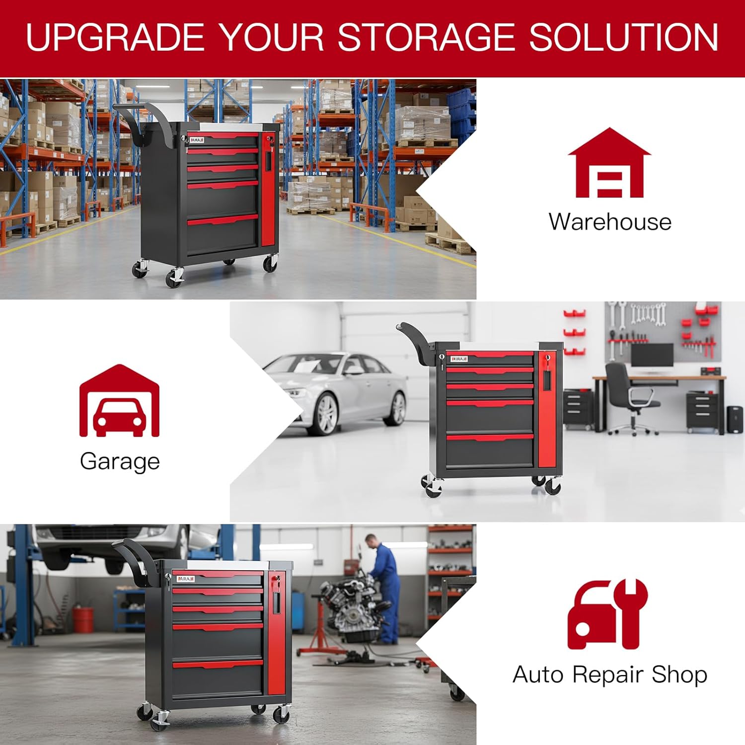 5-Drawer Tool Chest with Wheels, Rolling Tool Chest with Side Drawer,Tool Cabinet Drawers lockable,Tool Cart with Top compartment,for Garage Storage,Workshop,Home,Safety Rounded Corner Anti-collision