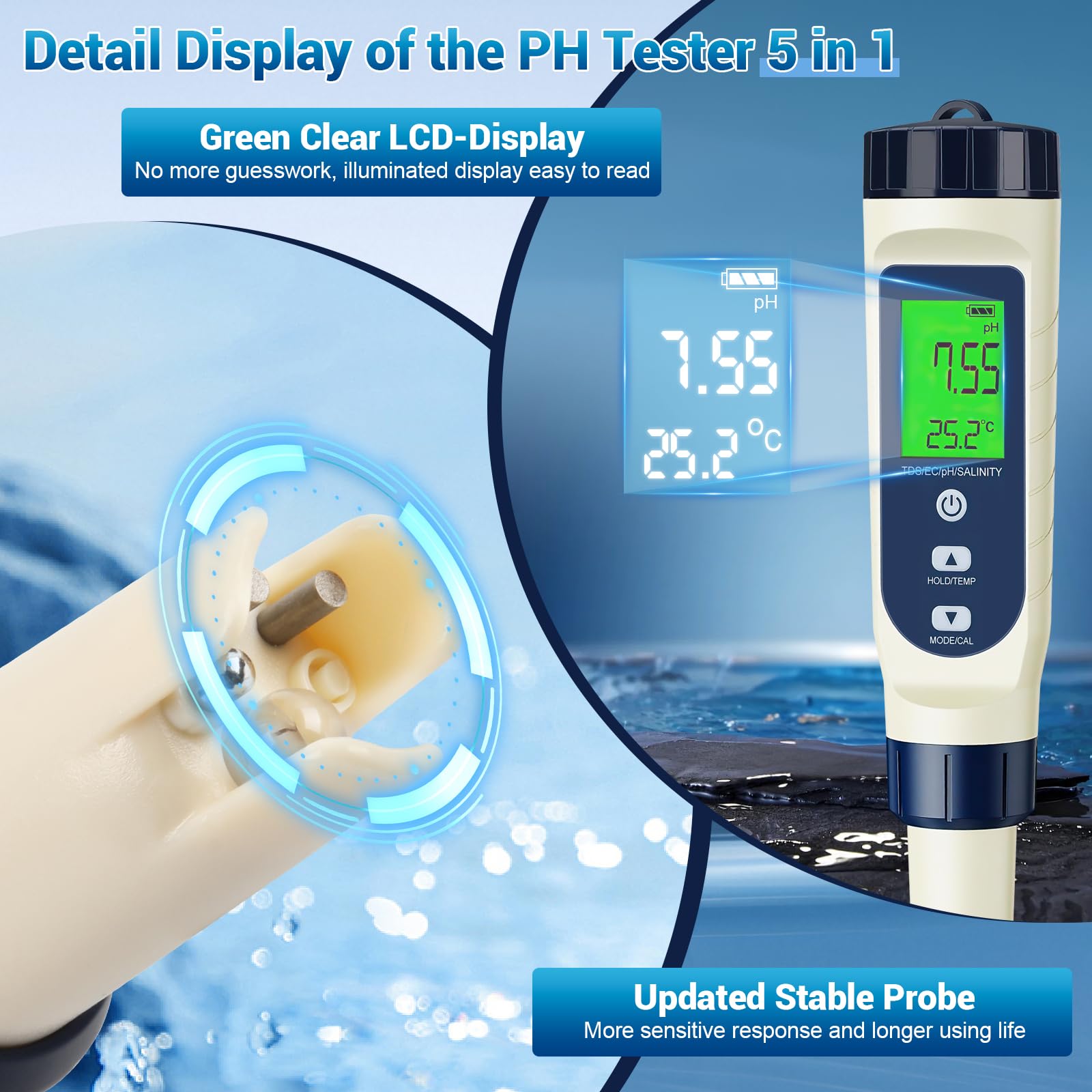 PH Mètre Électronique 5 en 1, PH/TDS/EC/Salinité/Thermomètre, Testeur de pH pour Piscine avec Écran LCD et Compensation Automatique de Température, Testeur d’Eau pour Piscines, Eau Potable, Hydroponie