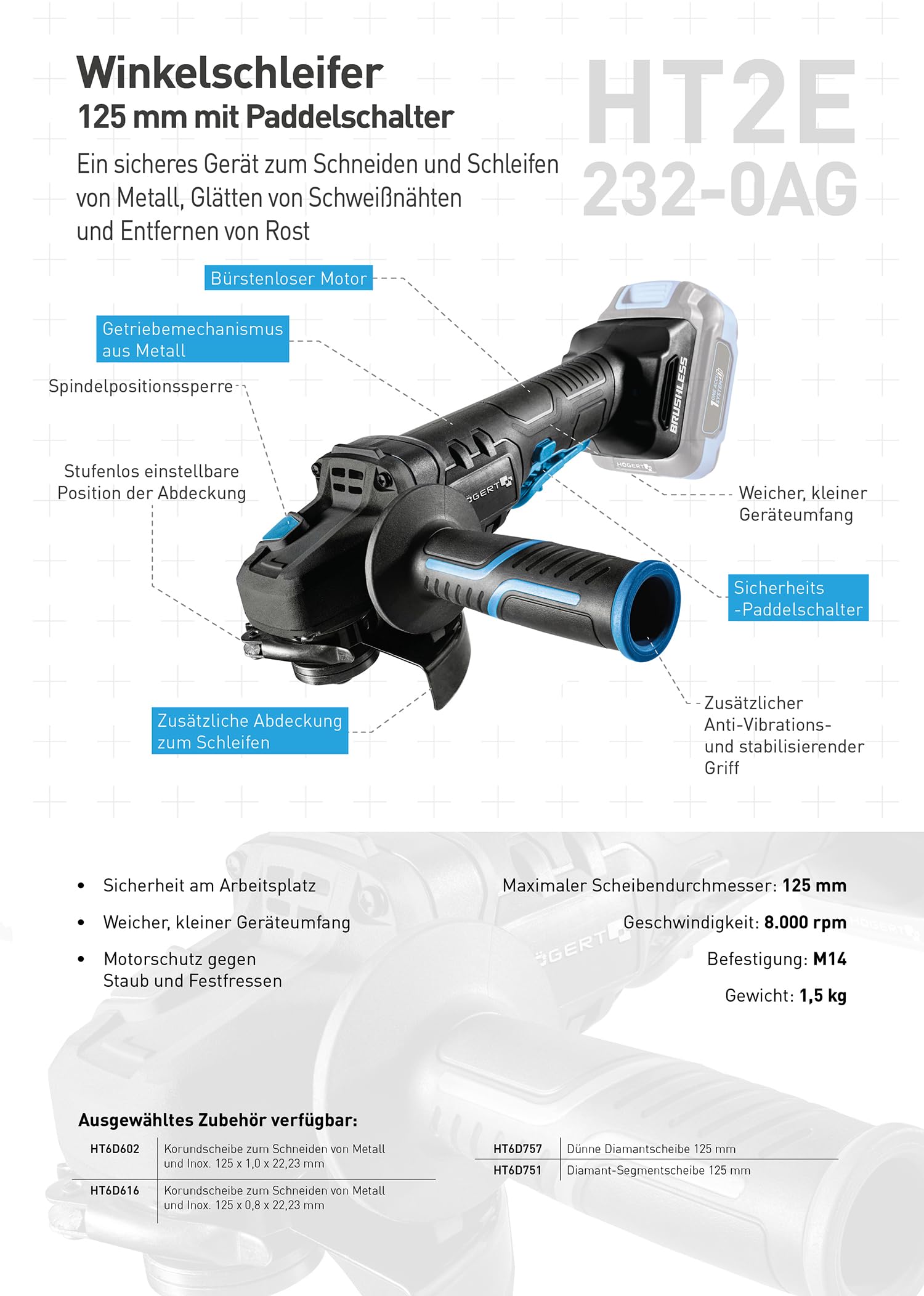 HÖGERT TECHNIK Akumulatorowa szlifierka kątowa zestaw 18 V, 125 mm, silnik bezszczotkowy, przełącznik wiosłowy, 8000 obr./min, akumulator 4,0 Ah, ładowarka 4 A, walizka, oświetlenie LED, do metalu i