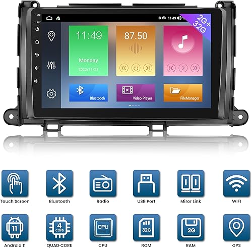 Miniatura 2 de Fortdows Radio de coche para Toyota Sienna 2011 2012 2013 2014 inalámbrico Carplay Android Auto, Android 11 Car Stereo Support Bluetooth WiFi GPS