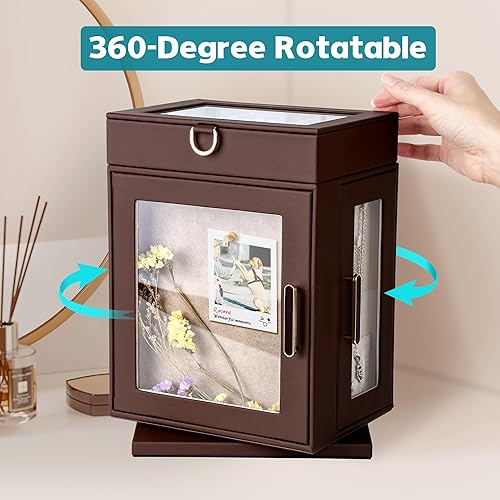 Miniatura 4 de Kendal Joyero giratorio de 360, organizador de joyas de piel sintética marrón con caja de sombra y tablero de pinboard, bandeja superior
