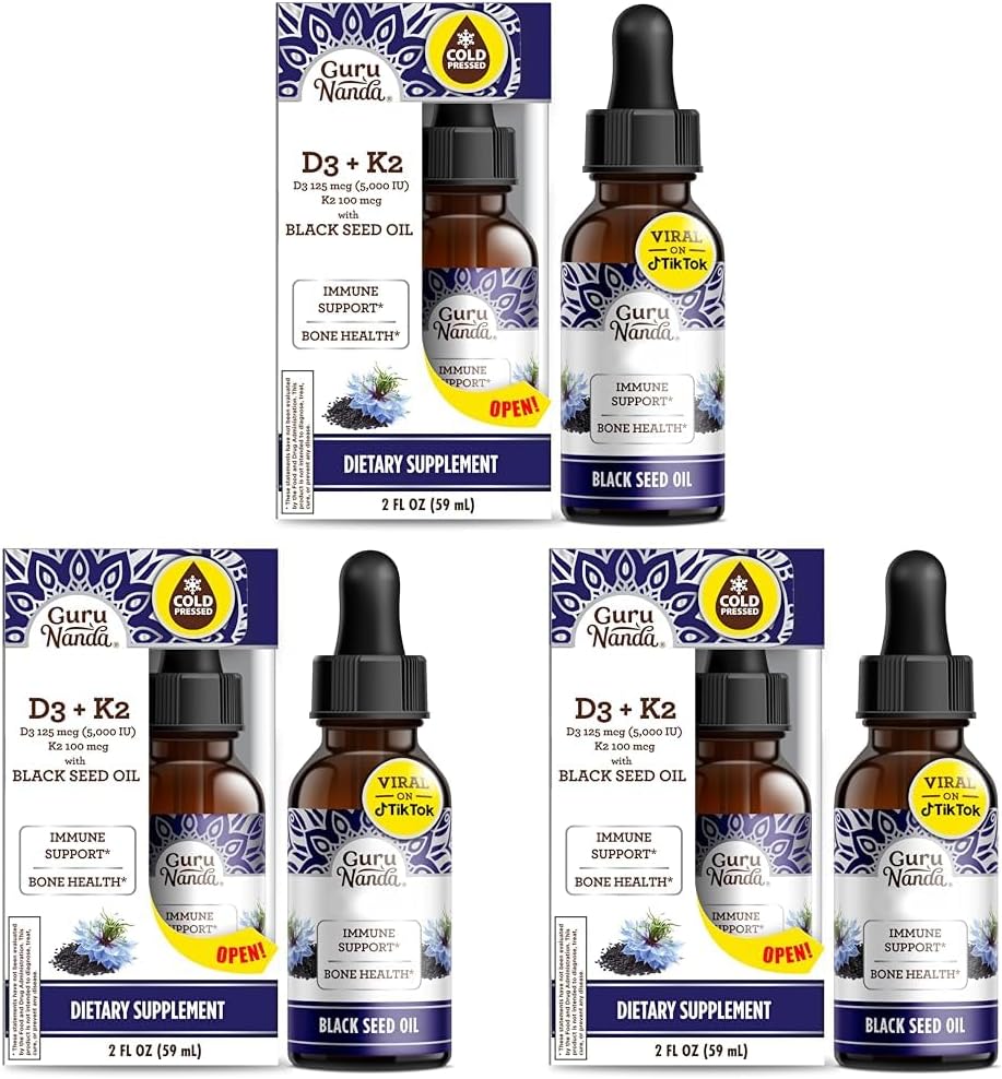 GuruNanda Black Seed Oil, Cold-Pressed Nigella Sativa - Rich in Vitamin D3 5000 Units, K2 & E, High Thymoquinone | Potent Antioxidant for Immune Support, Non-GMO, 2 Fl.oz (Pack of 3)