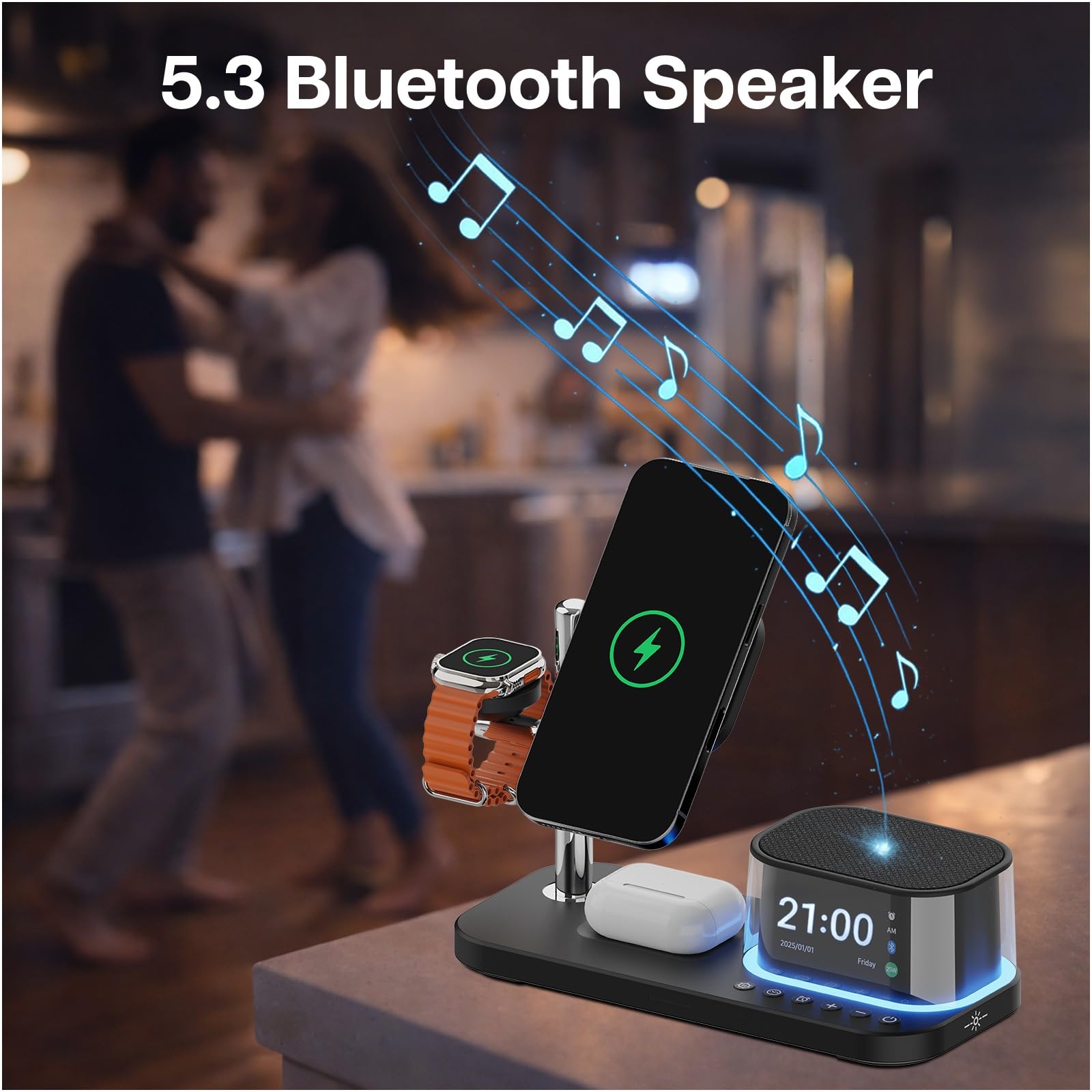 Ładowarka Bezprzewodowa 5 w 1 z Budzikiem, Głośnikiem Bluetooth i Lampką Nocną LED do MagSafe by MMOBIEL – Magnetyczna Stacja Ładująca Qi2.2 25W do iPhone, Apple Watch i AirPods – Czarny