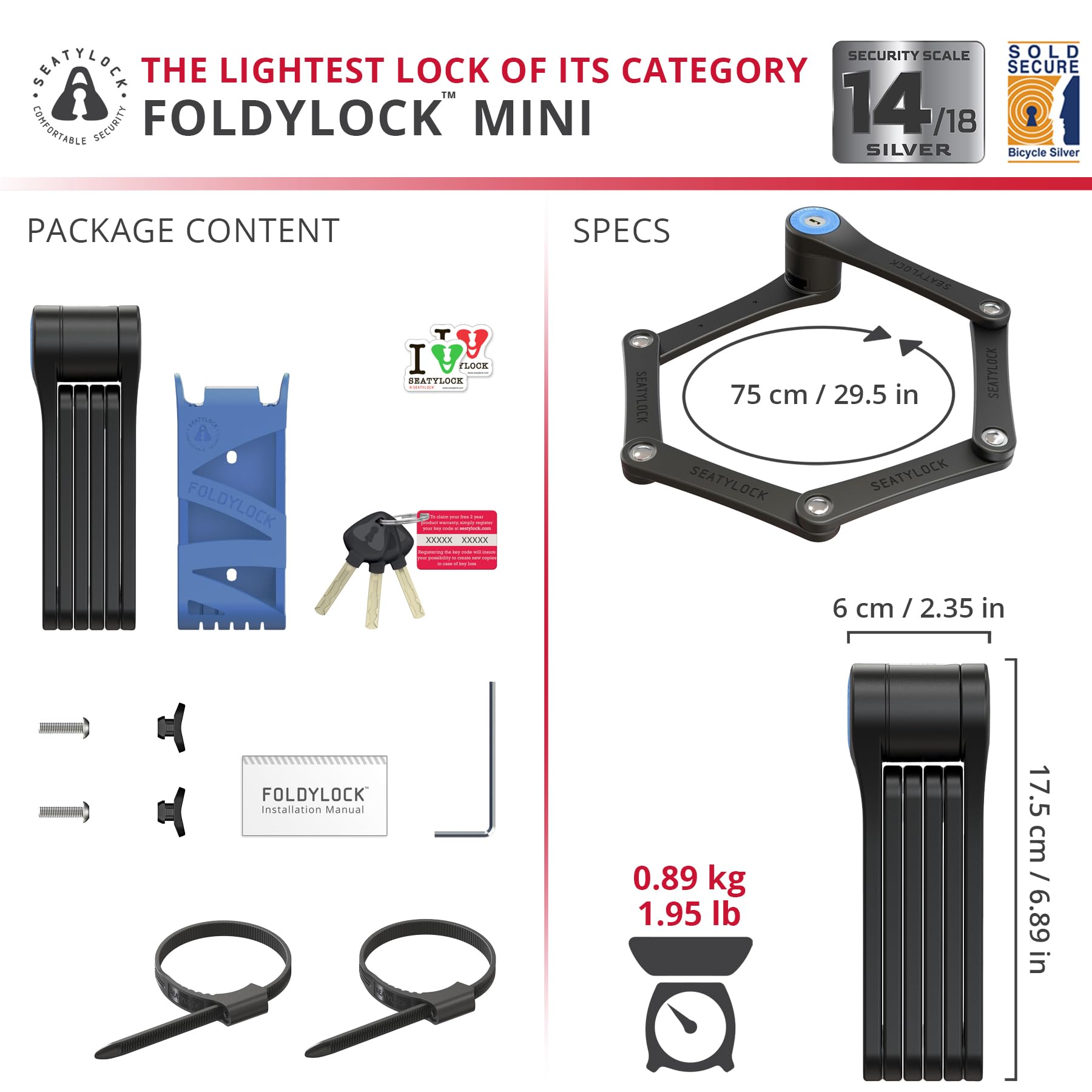 Seatylock FoldyLock - Mini lucchetto pieghevole per bicicletta, leggero e brevettato, antifurto con chiave, per scooter elettrico e bici da città, 74,9 cm