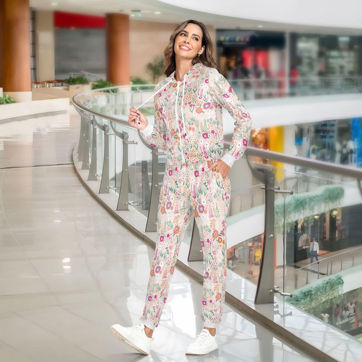 Conjunto deportivo de 2 piezas para mujer, diseño floral abstracto de flores, manga larga, conjunto deportivo de primavera Leavevs
