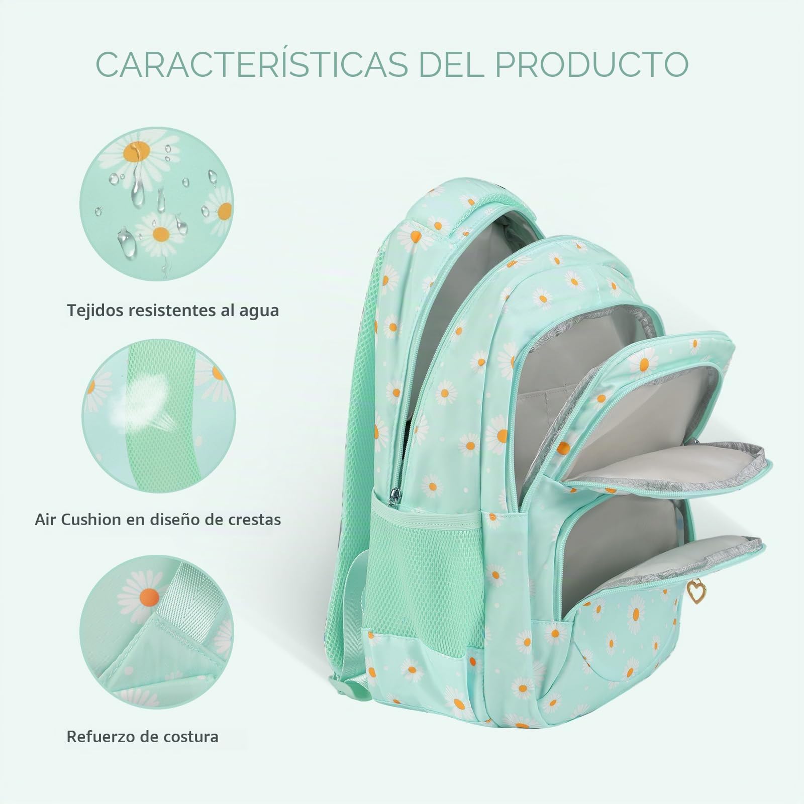 Juego de mochila escolar con estampado de margaritas, bolsa de almuerzo, estuche para lápices, 3 piezas, para adolescentes, niñas, niños, primaria, secundaria, resistente al agua, ligera