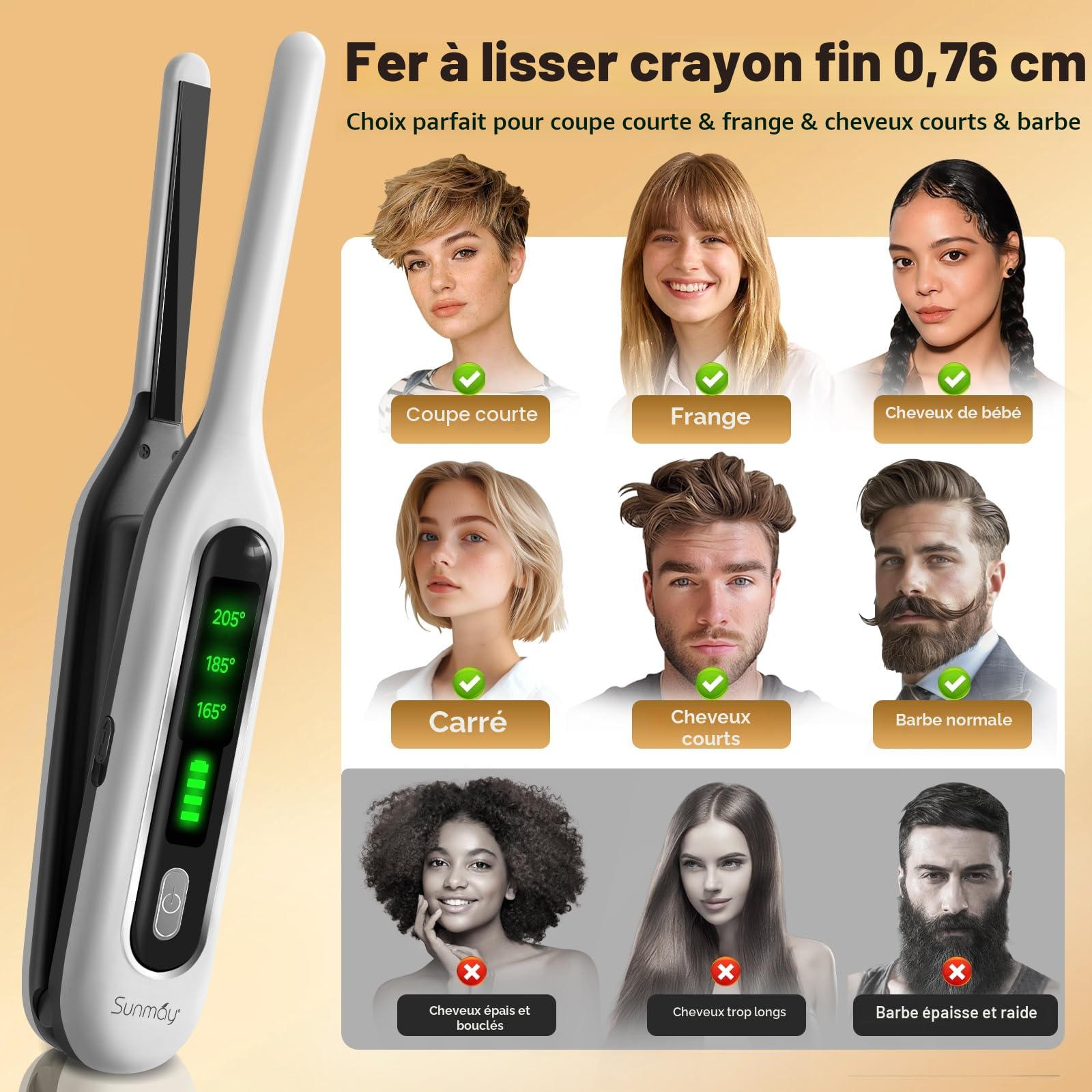 SUNMAY Voga Mini lisseur sans fil pour cheveux courts, petit fer plat 3/10" pour coupe Pixie et barbe, lisseur et bigoudi sans fil portable 2 en 1 pour voyage, batterie 5000 mAh