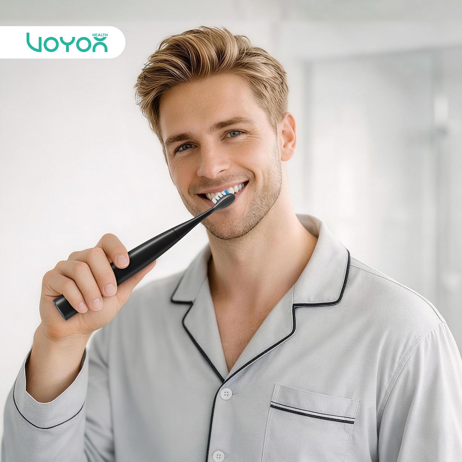 VOYOR-HEALTH Spazzolino Elettrico Sonico per Adulti 41000 VPM con 6 Testine | Batteria da 70 Giorni, Spazzolino Elettrico da Viaggio, Timer 2 Minuti, IPX7, 3 Modalità di Pulizia per Famiglia, ET110 Nero