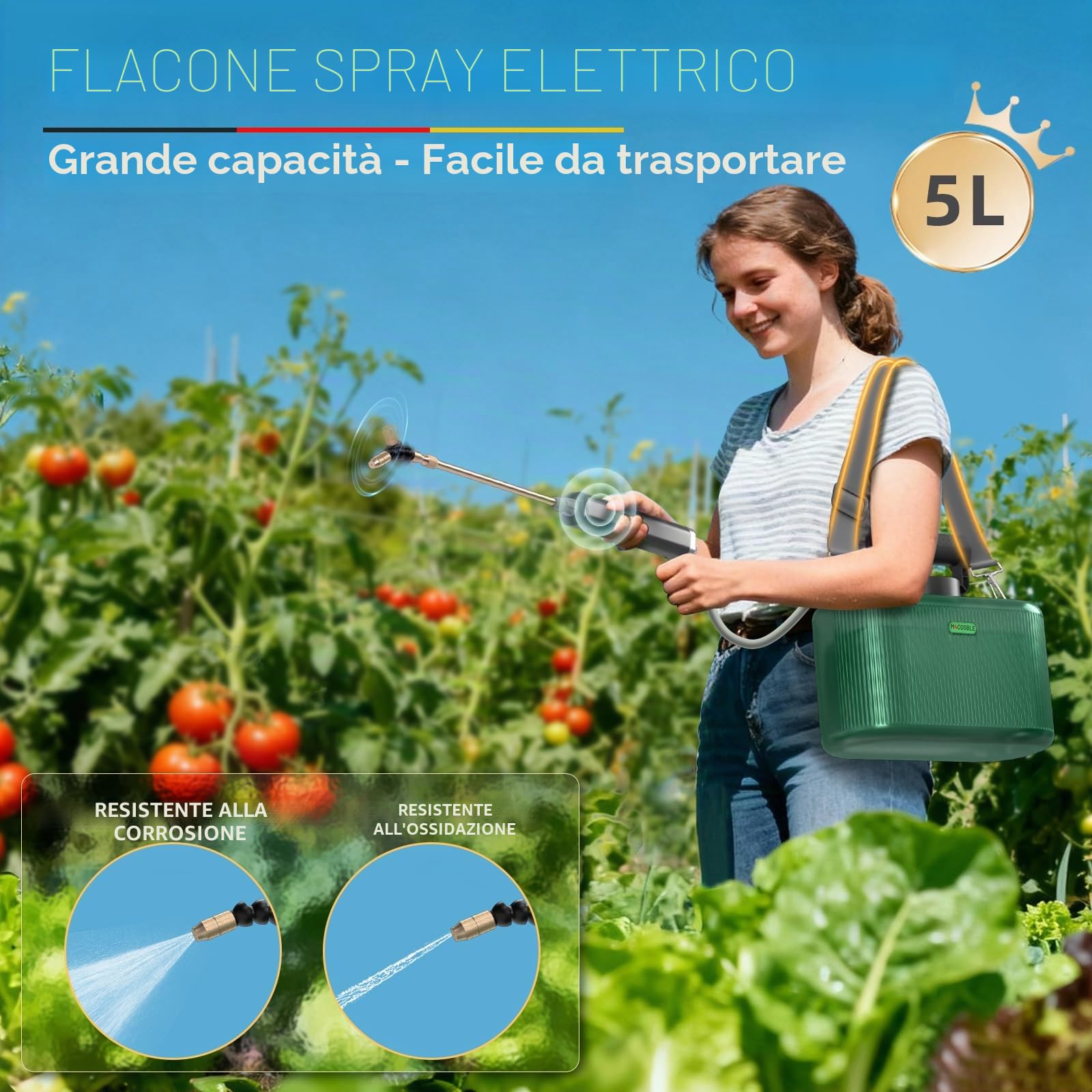 Pompa Irroratrice a Batteria 5L con Lancia Telescopica in Rame a 2 Modalità + Lancia in Acciaio Inox, 2 Ugelli, Tubo 1+3m, Batteria 2200mAh, Ricarica USB-C, Nebulizzatore Giardino Portatile (5L)