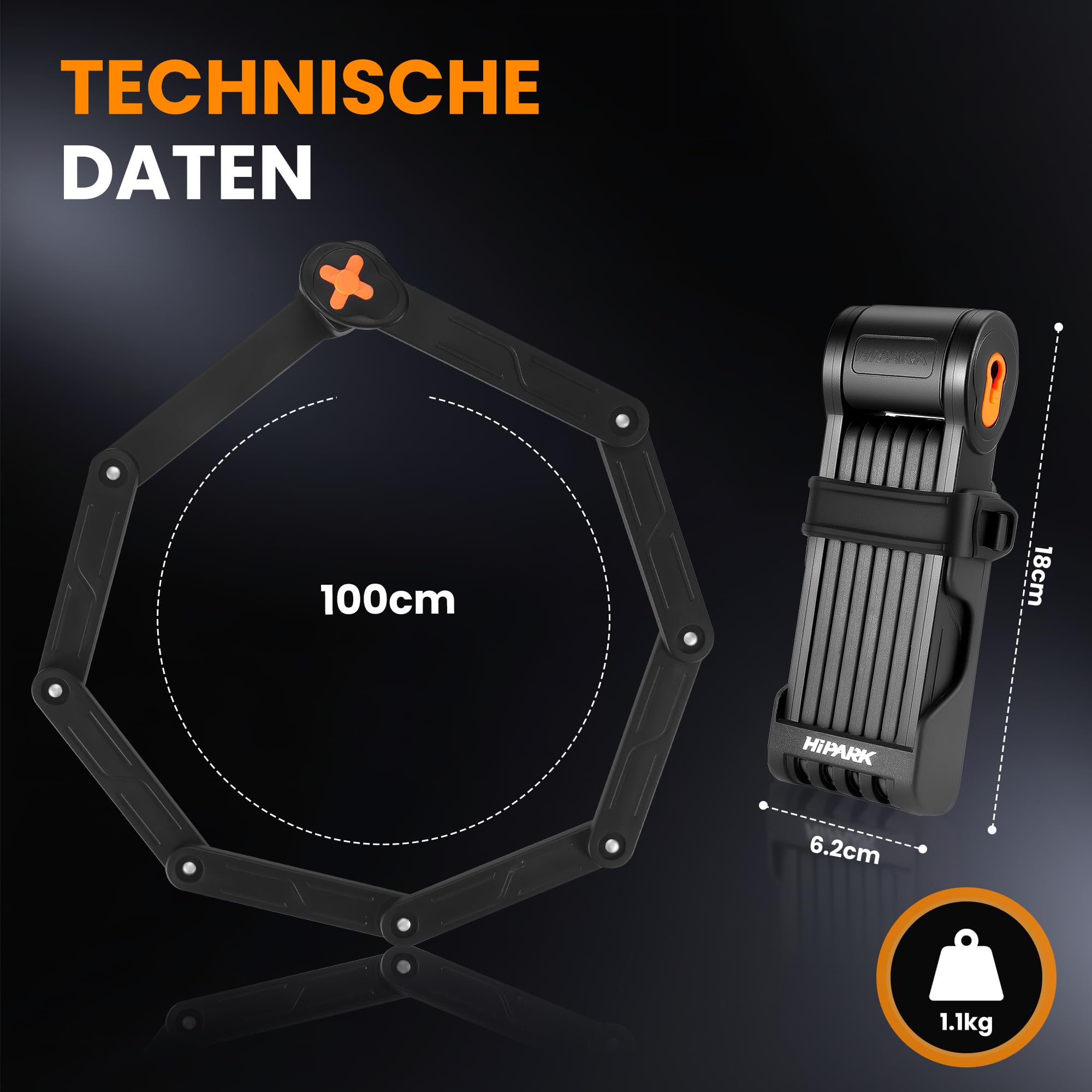 Faltschloss Fahrrad, Fahrradschloss Faltschloss 100cm mit Schlüsseln, Fahrradschloss hohe Sicherheit mit Halterung, faltschlösser aus Legiertem Stahl für Fahrrad, E-Bike, Schwarz