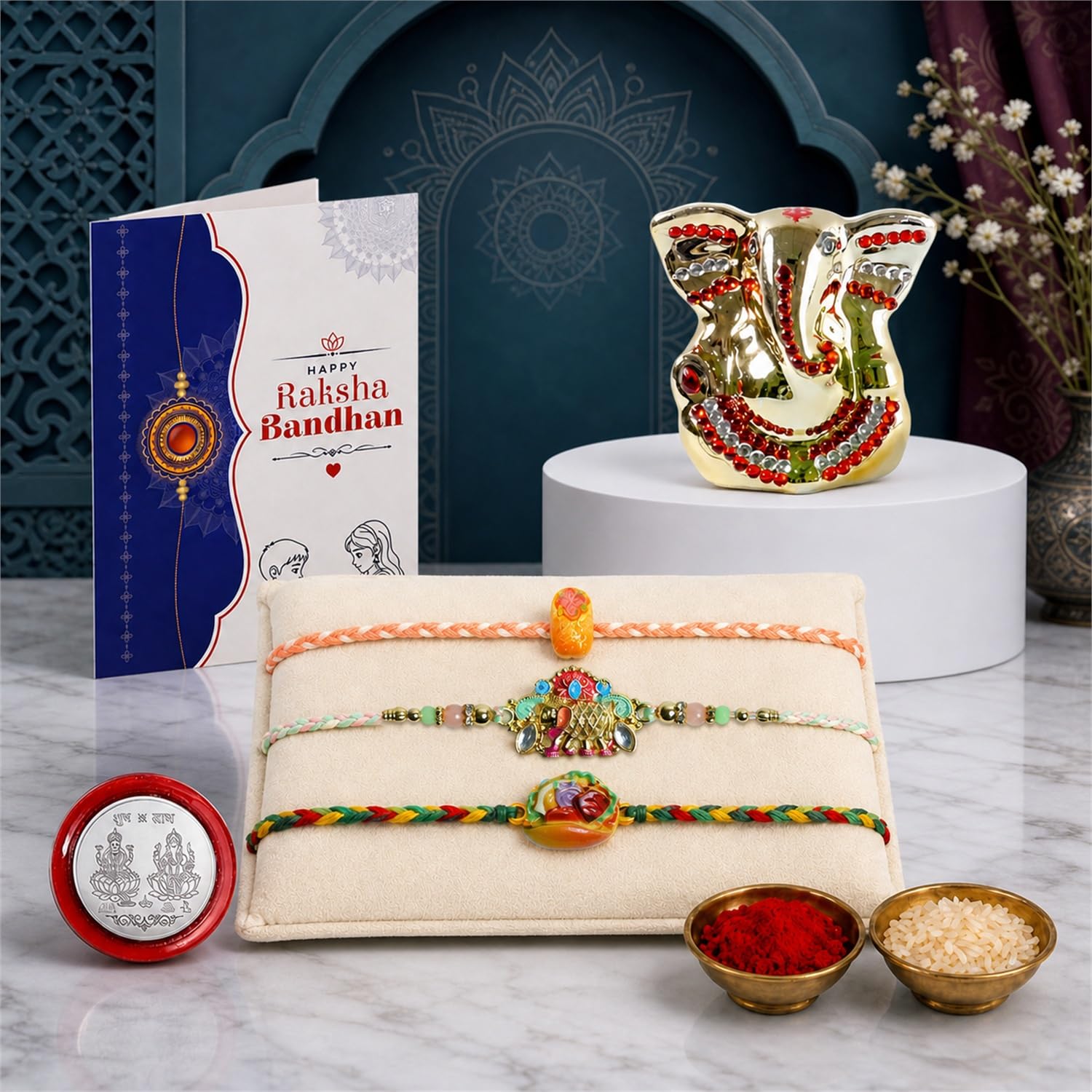 Garth Kundan, Cake Slice, Sweet Multicolor Rakhi for Brother & Bhaiya with Ganesh Idol - Raksha Bandhan Gift Set with Roli Tikka, Pooja Coin & Greeting Card | Rakhi Thread for Brother, Pack of 5-image-25