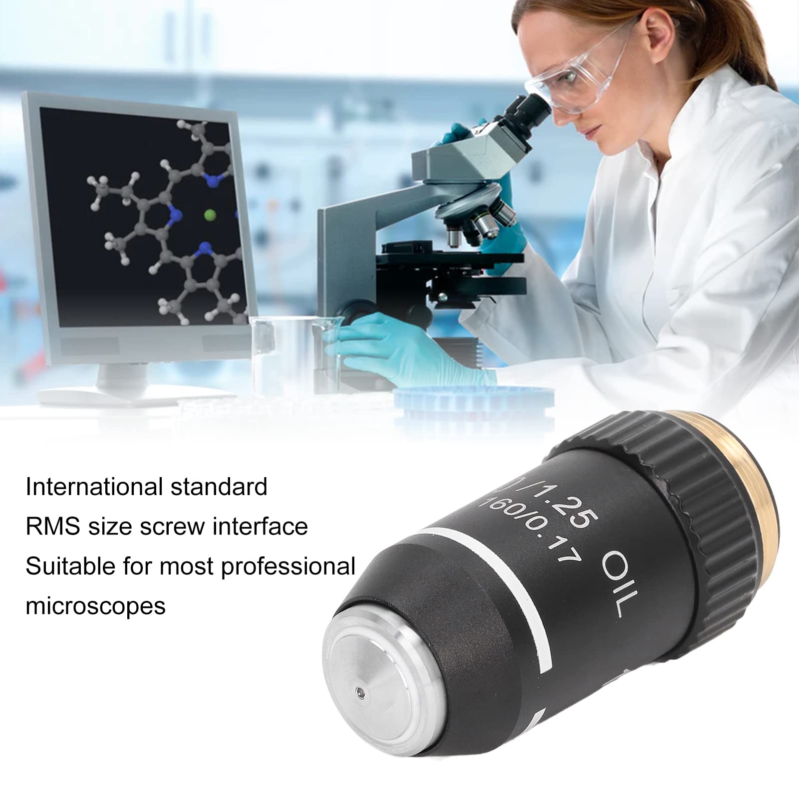 Óptica Lente de Objetivo de Microscopio 100X, Interfaz Estándar DIN 160 20.2MM, Lente de Objetivos Acromáticos de Microscopio Biológico, Lente de Objetivo de Calidad de Laboratorio para Microscopios B
